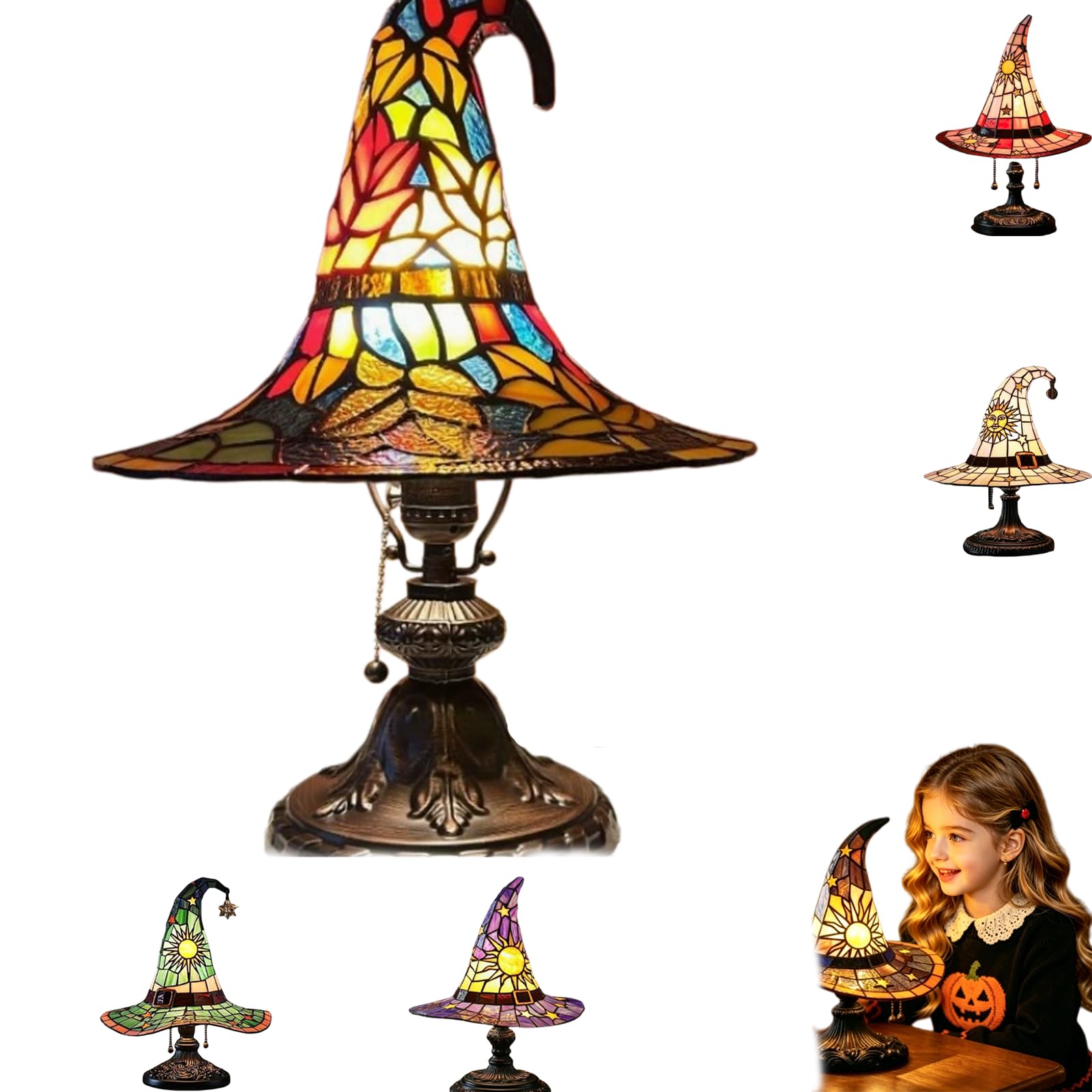 UIRPK Stained Glass Witch Hat Lamp,Handmade Witch Hat Lights, Handcrafted Retro Resin Witch Lamp, Halloween Home Decor Accent Lamps for Bedroom & Bookshelf (F-S)