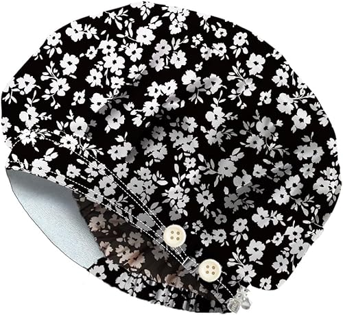 Miniatura 10 de Bouffant - Gorros de algodón para enfermera, con botón y banda para el sudor, gorras de trabajo quirúrgicas ajustables