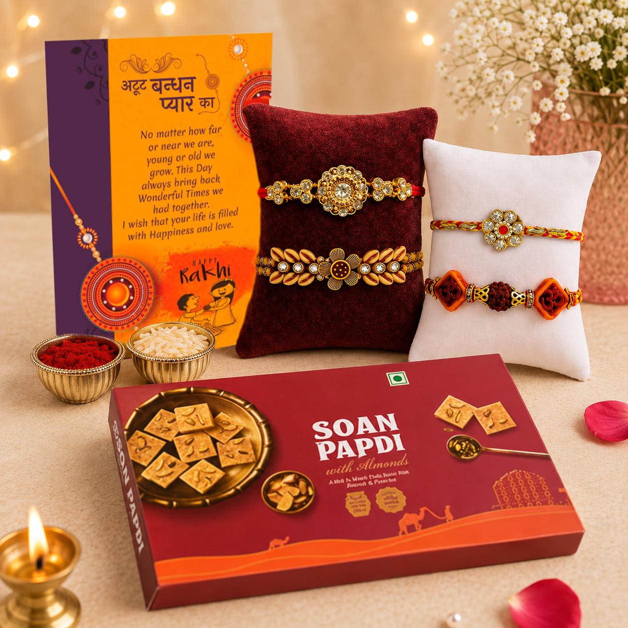 Rakhi for brother with soanpapdi, 4 Set of rakhi with sweet for brother Gift Pack, Rakhi with Sweet and Greeting Card for Bhaiya-image-42