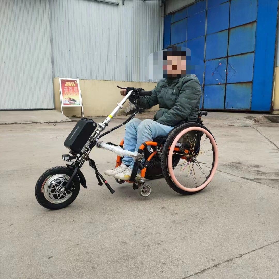 Urządzenie do ciągnięcia wózka inwalidzkiego 500 W, terapia rehabilitacyjna, zestaw do konwersji elektrycznego wózka inwalidzkiego, 3 prędkości, z przednim światłem + systemem amortyzatora + trąbka