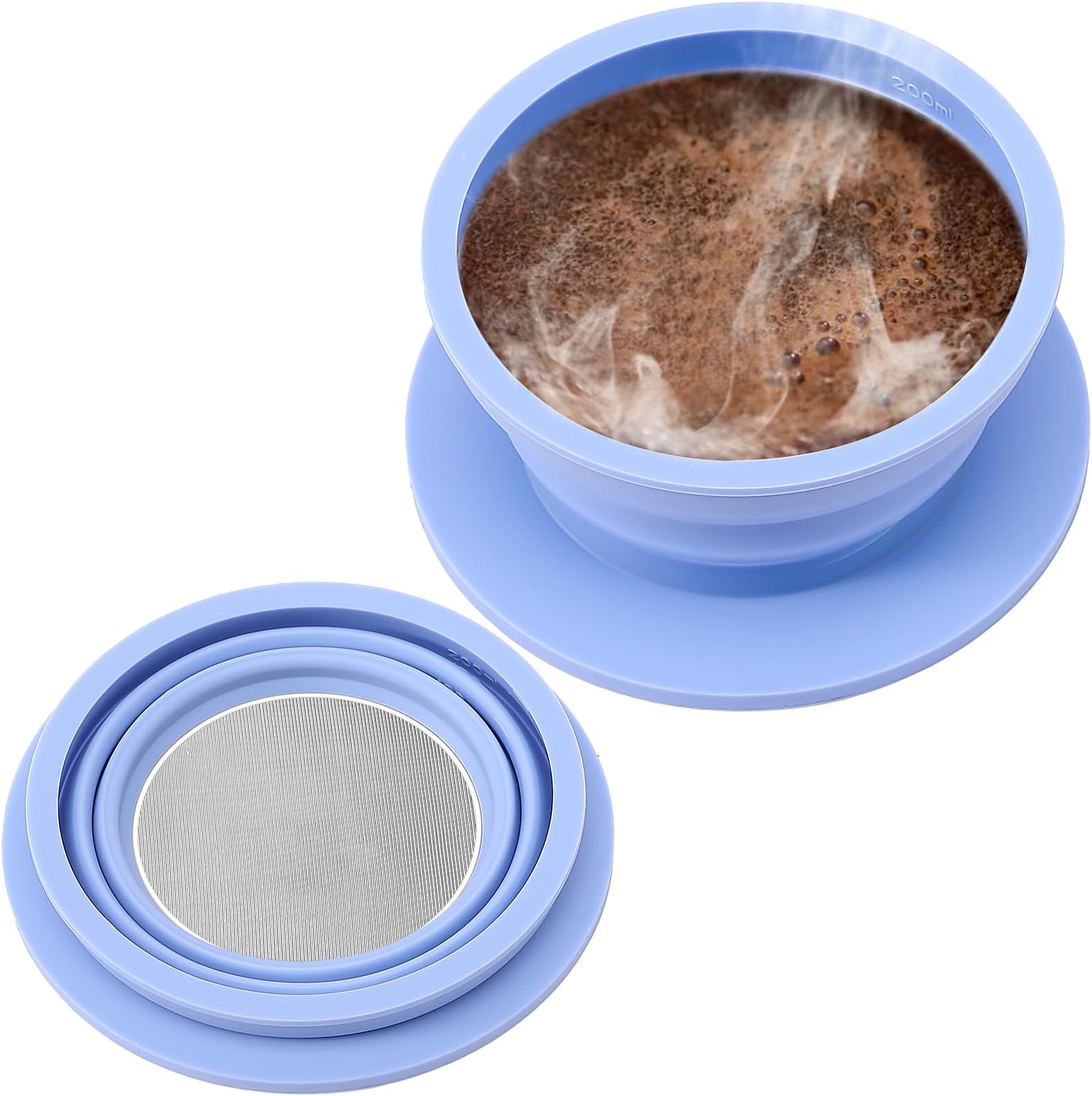 Collapsible Paperless Pour Over Coffee Dripper, Single Cup Travel Pour Over Coffee Maker Camping, Portable Silicone PourOver Coffee Filter with Reusable Metal Mesh Filter (Blue)