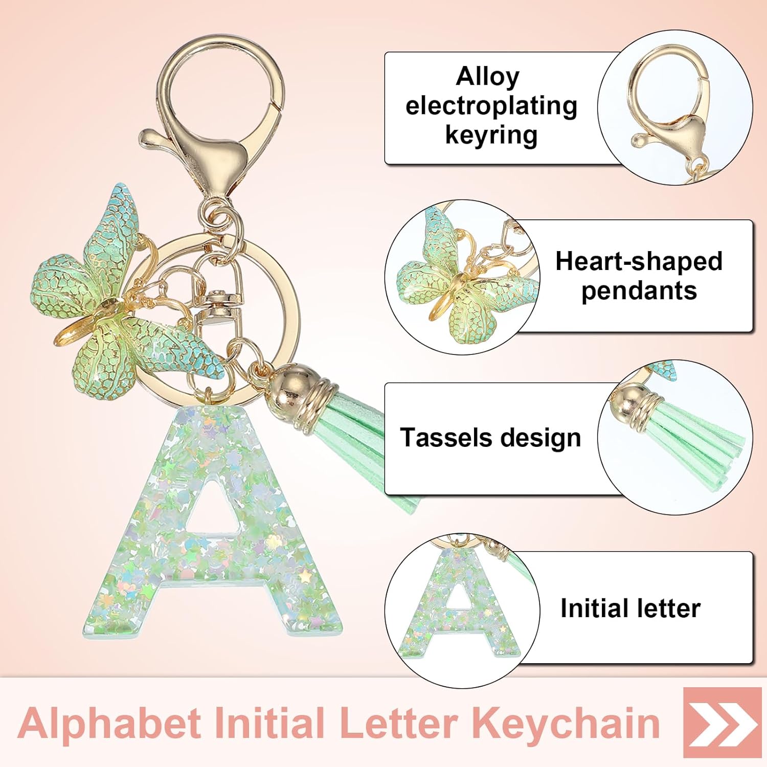 PATIKIL Alphabet Initial Letter Keychain, Resin Cute Keychains with Tassel Butterfly Letter A Pendant Charm for Women Key Purse Handbag Bag Accessories, Green - Image 3