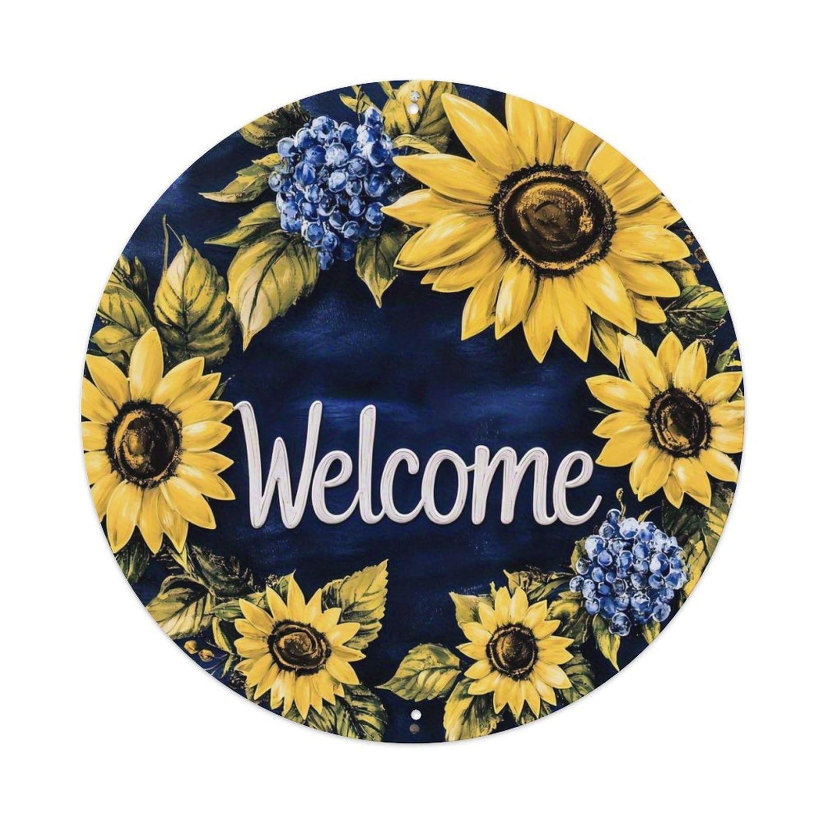 Sunflower Blue Hydrangea Leaves Welcome Retro Metal Sign Round Tin Sign, Vintage Decor Art Poster for Bar, Home, Man Cave, Kitchen, Laundry Room Gift 8x8Inch