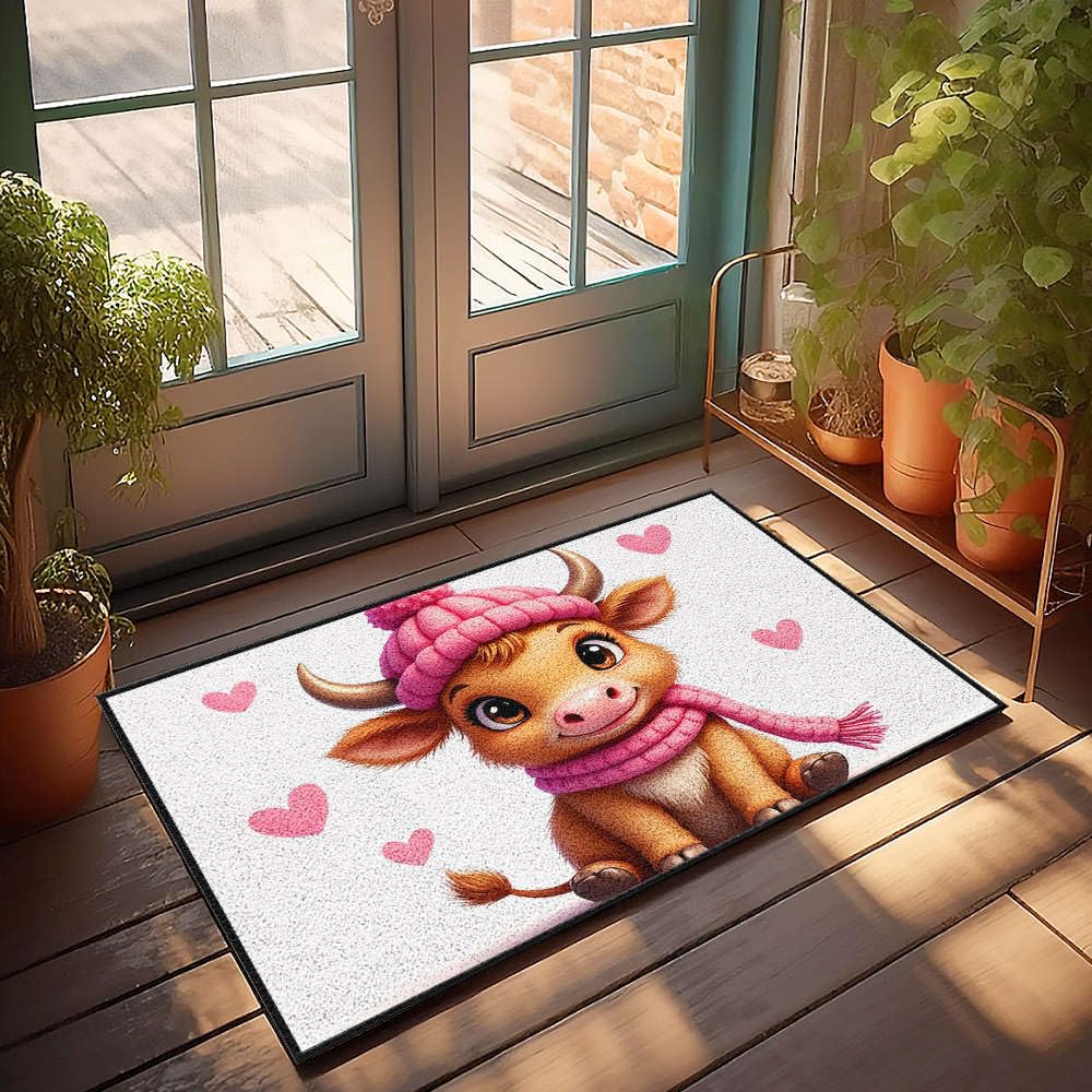 Tapis de porte entrée extérieur antidérapant vache rose 65x90 cm