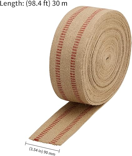 Miniatura 2 de KEILEOHO 3.5 pulgadas x 33 yardas, correas de yute para tapiceríamanualidades, correas naturales para silla con rayas rojas, cinta de tela