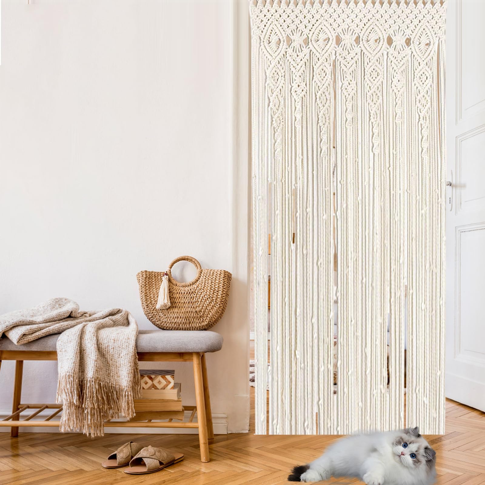Makramee Vorhang Tür, Boho Türvorhang, ‌Handgewebte Makramee Wandteppich, Fadenvorhang für Raumteiler Hochzeit Hintergrund Inneneinrichtung (100 * 200cm)