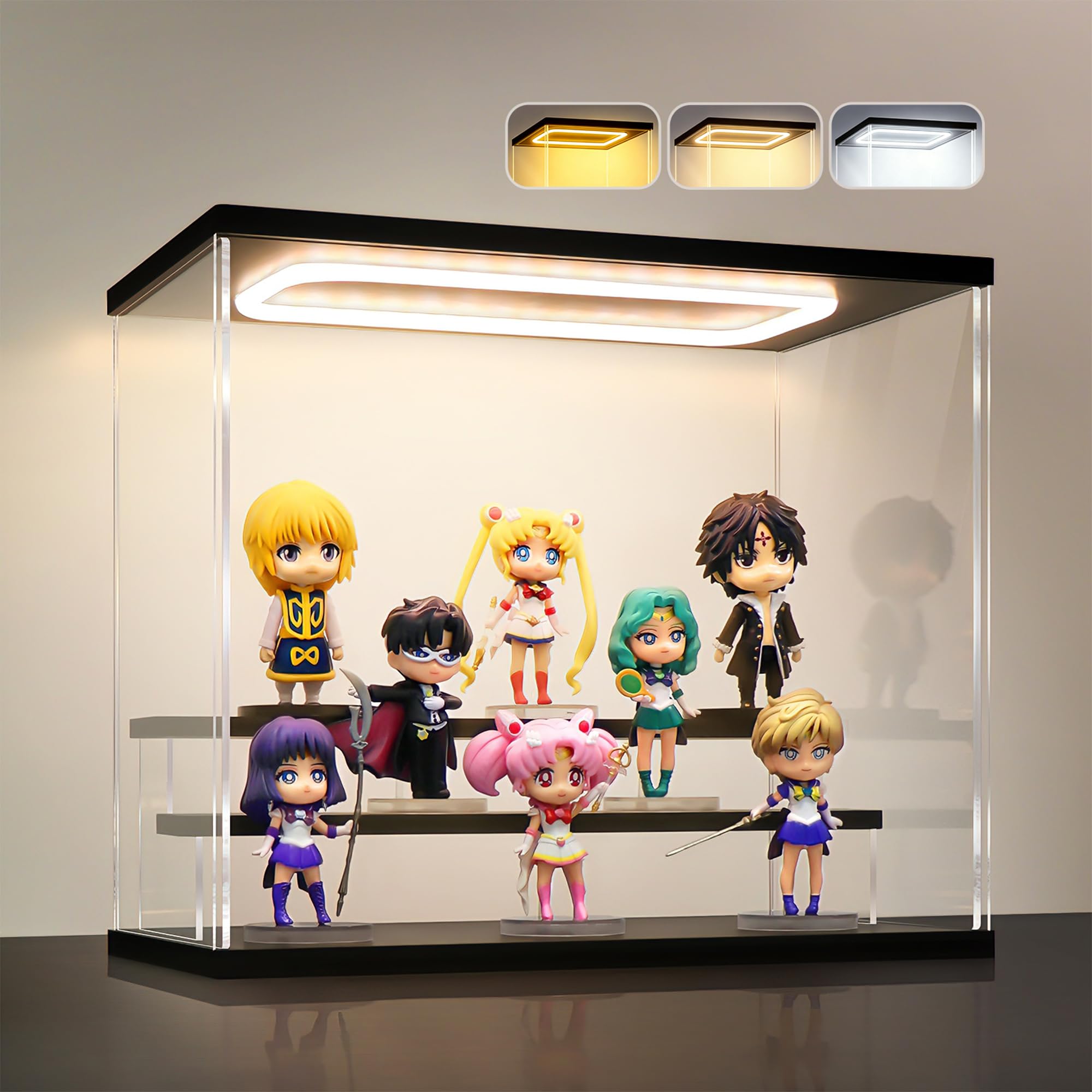 Naconmlet Black Clear Acrylic Display Case For Action Figure- Funko Pop Dustproof Showcase With Colorful Lighting, Multiple Layers For Collectibles(3 Tier-W*D*H-32.2X19x25.8cm)
