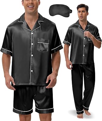 Mens Silk Pajama Set 3-Pcs Short Sleeve Button Down Satin Pj Sets | Lightweight satin, cool & breathable. Short sleeve button-down top + shorts & pants. Includes eye mask. Great gift for him