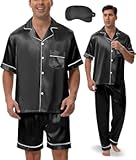 Silk Pajamas for Men 3 Piece Mens Summer Satin Pajamas Set Short Sleeve Men's Sleepwear with Pants Eye Mask