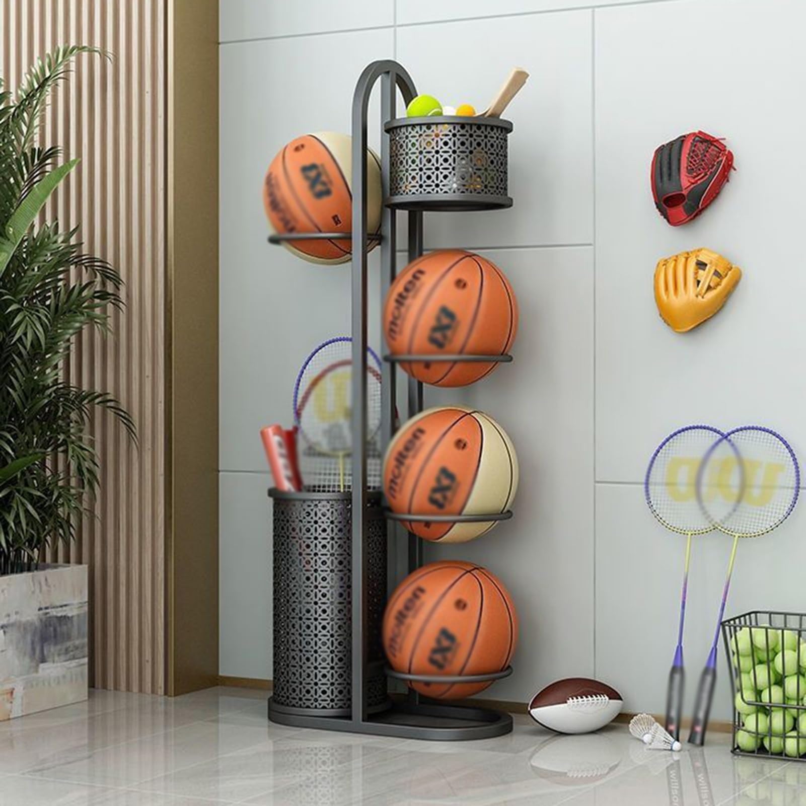 Rastrelliera For Racchette Da Tennis, Espositore For Attrezzature Sportive, Rastrelliera For Racchette E Palline Con Scomparto Superiore, For Racchetta da badminton, racchetta da tennis, basket