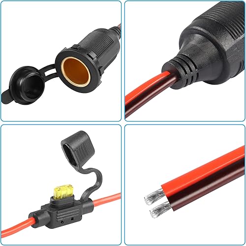 Miniatura 6 de CERRXIAN Cable de extensión de enchufe de encendedor de cigarrillos de rosca fija de 12 V24 V, 20 A 13 AWG impermeable, cable de repuesto para