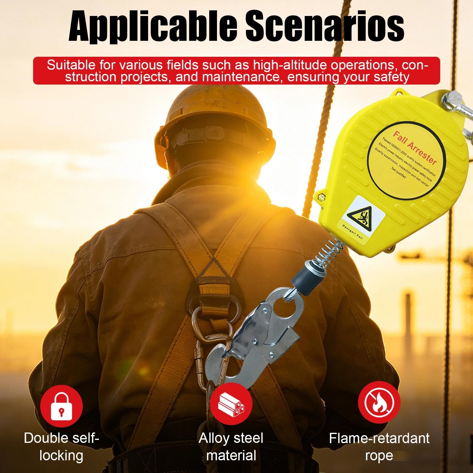 Dispositivo Anticaduta Retrattile Certificato, 3-20m Imbracatura di Sicurezza Anticaduta, 150kg Dispositivo Sicurezza Anticaduta con Gancio Autobloccante per Tetto, Carico 150kg(Giallo,20m)
