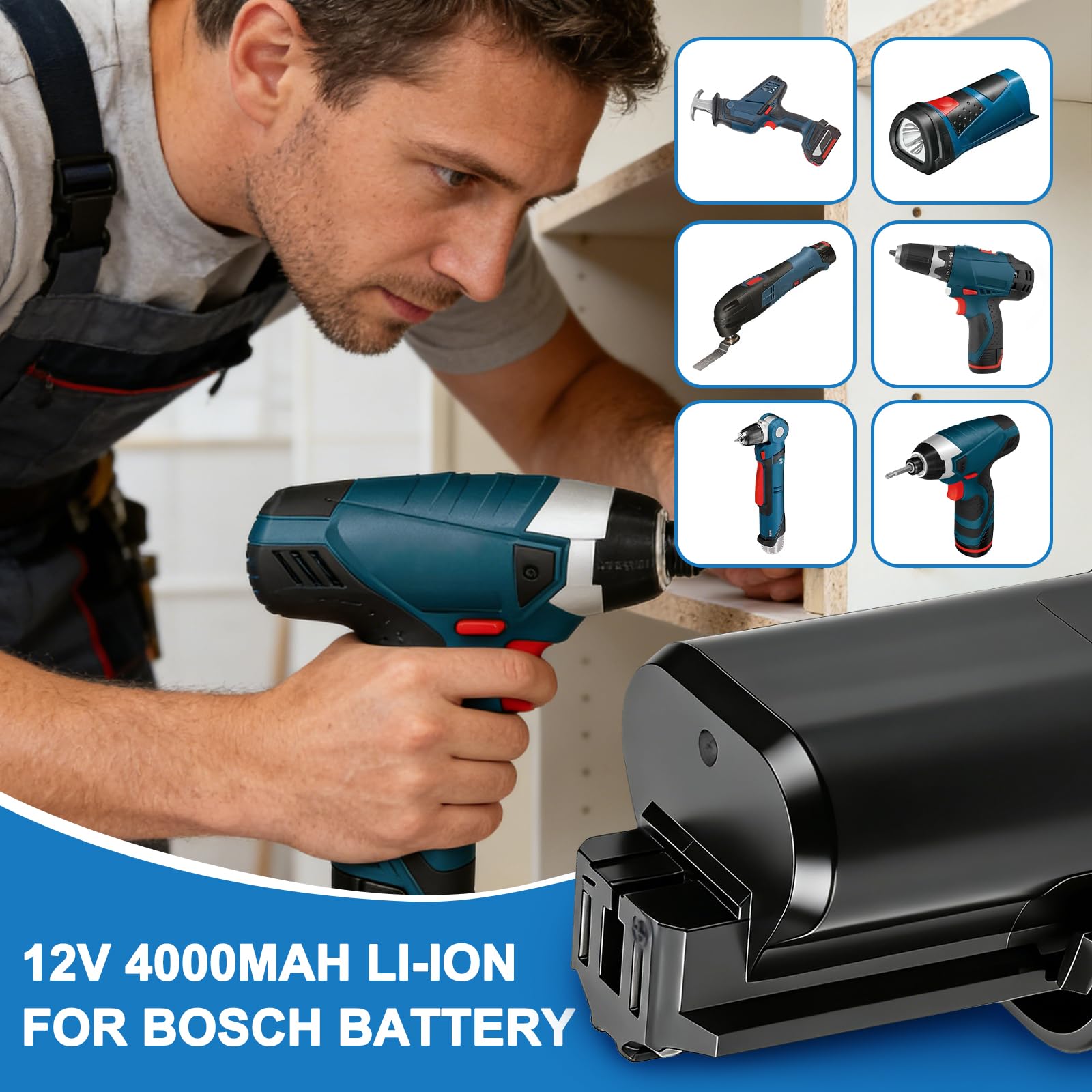 Batería de ion de litio para Bosch BAT411 2607336013 2607336014 BAT411A BAT412 BAT412A BAT413 BAT413A BAT414 D-70745 GSR GDR 10.8-LI - Batería de repuesto (10,8 V, 12 V, 4000 mAh)