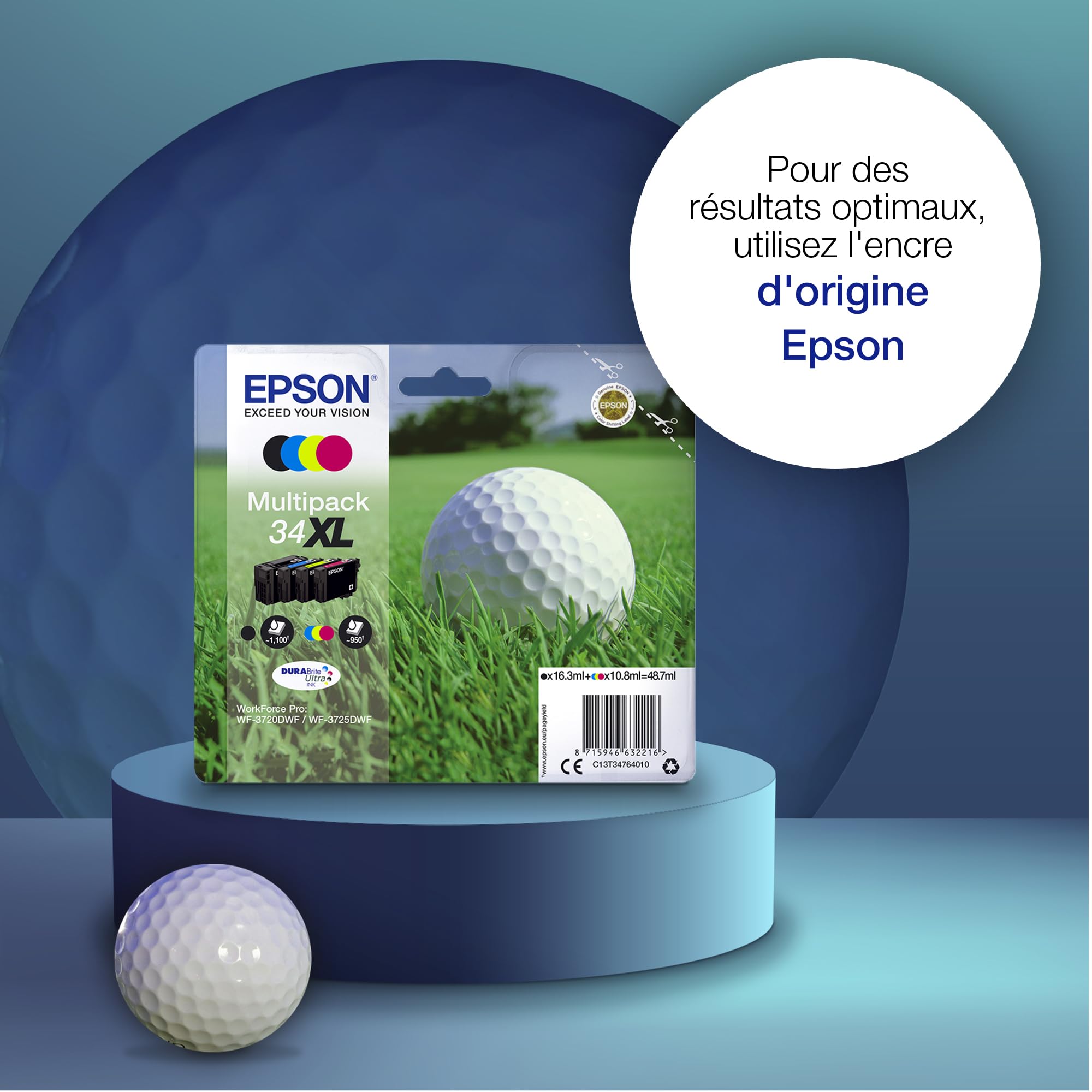 Cartouche d’encre d’origine Epson DURABrite 34XL Balle de golf extra large - Cartouche Noir - 1 x 16,3 ml - Fabriquée par la marque pour des résultats optimaux