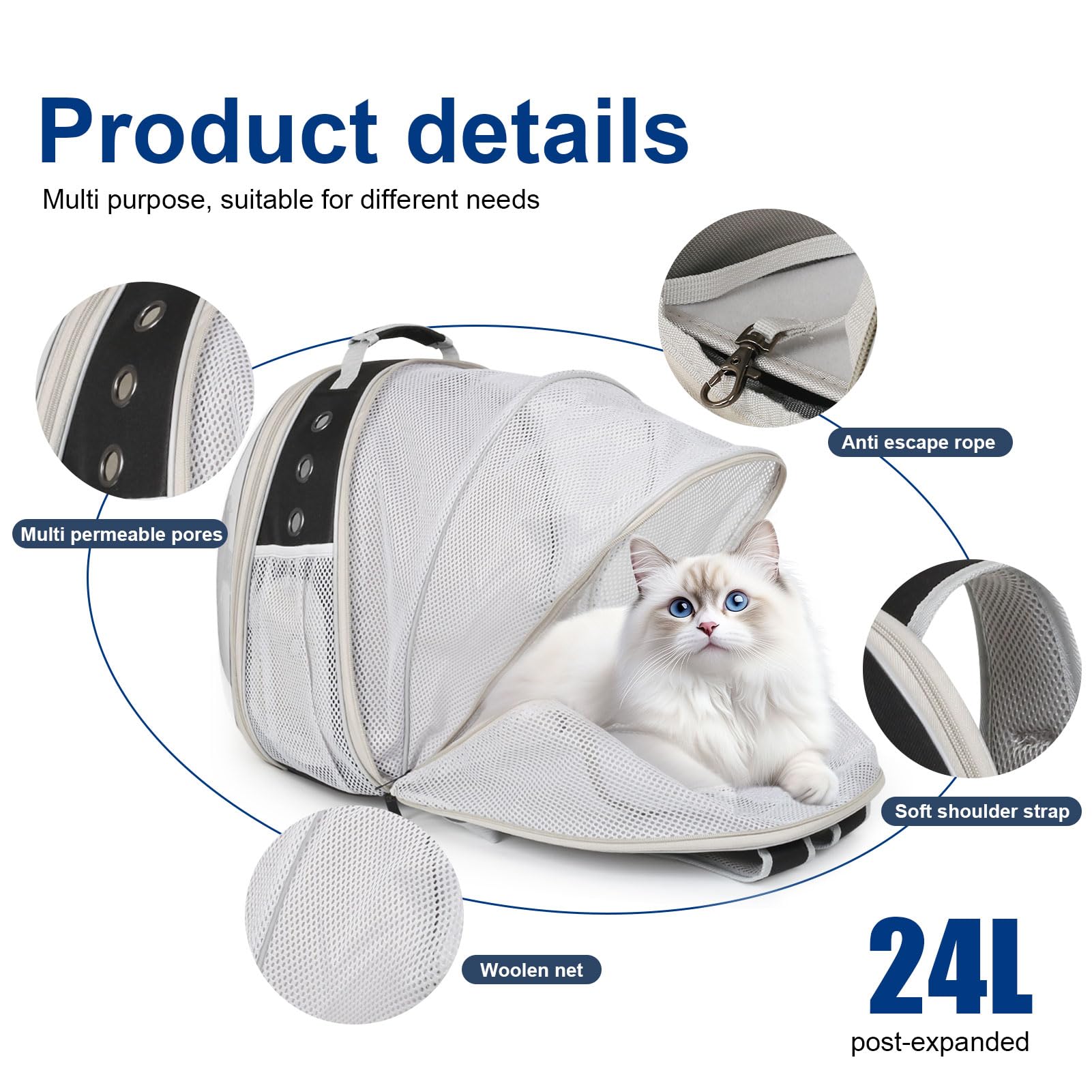 Sac à dos extensible en maille entièrement respirante pour chat et petit chien jusqu'à 5,4 kg, approuvé par les compagnies aériennes pour la randonnée, la marche, le camping