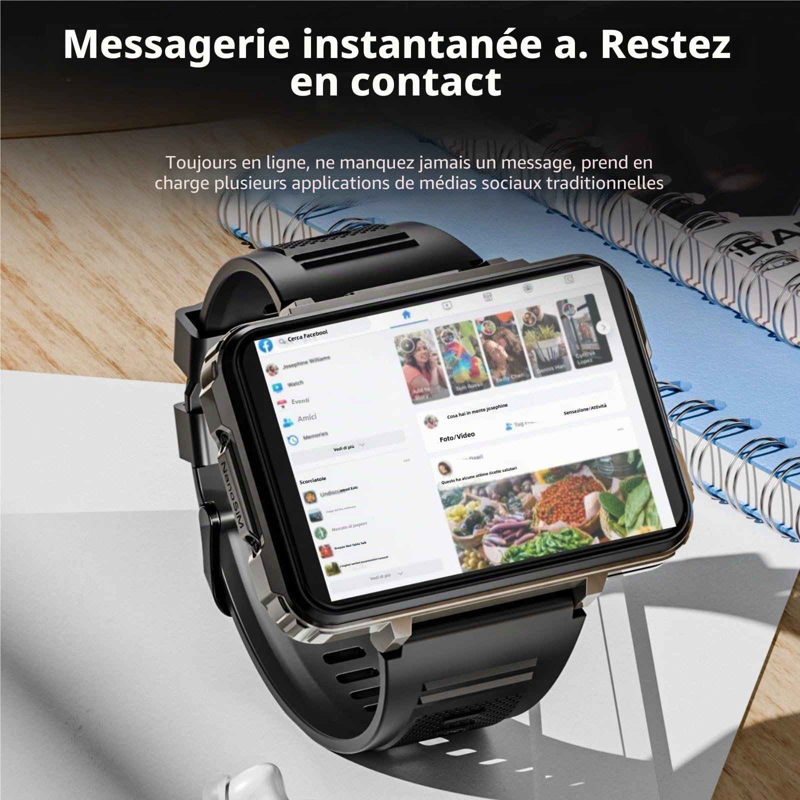 LOKMAT Montre intelligente 4G 6 Go + 128 Go Android Appel téléphonique Téléphone Téléphone Grand écran 2,4" Montre de sport 1500 mAh Double Caméra WiFi Bluetooth GPS Montre intelligente pour homme