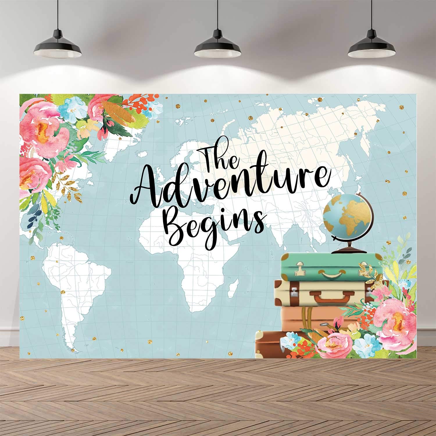 SeekPro7x5ft Adventure Begins Birthday Background Banner Backdrop Oh The Places You'll Go Baby Shower Photo Backdrops World Map Flower Children Party Banner SK0334B