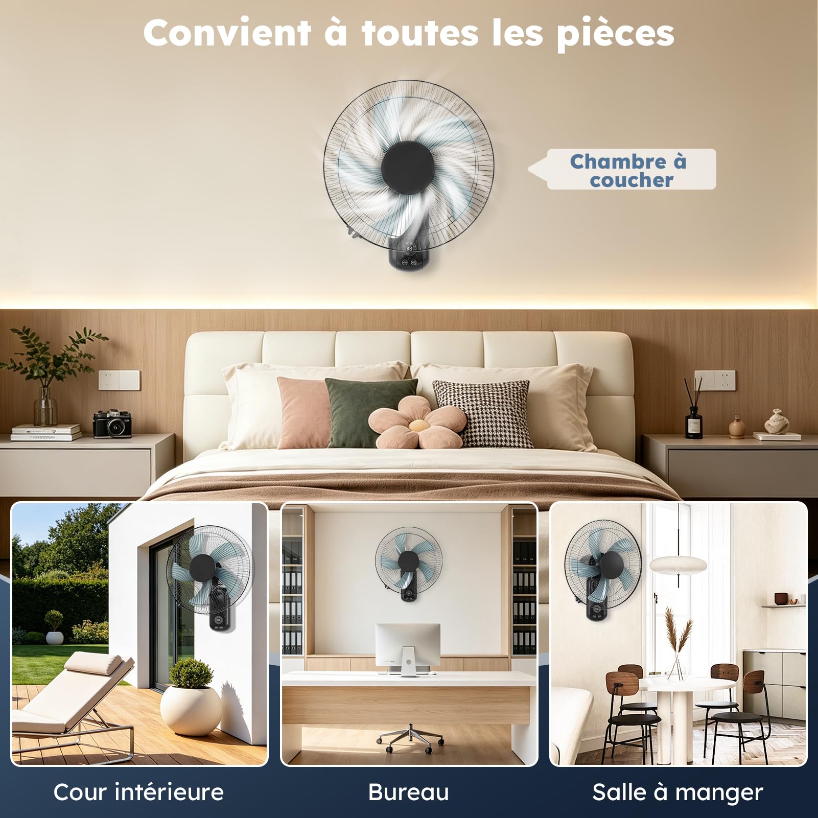 Ventilateur mural avec télécommande, 3 vitesses, oscillation à 90° et minuterie, silencieux pour chambre à coucher, bureau, salon