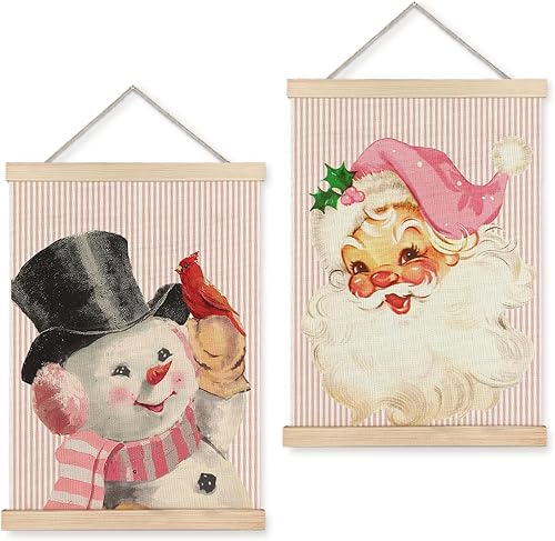 Decoración de pared de Navidad vintage rosa, muñeco de nieve con colgante de póster de madera, decoraciones retro a rayas para oficina en casa, 16 x