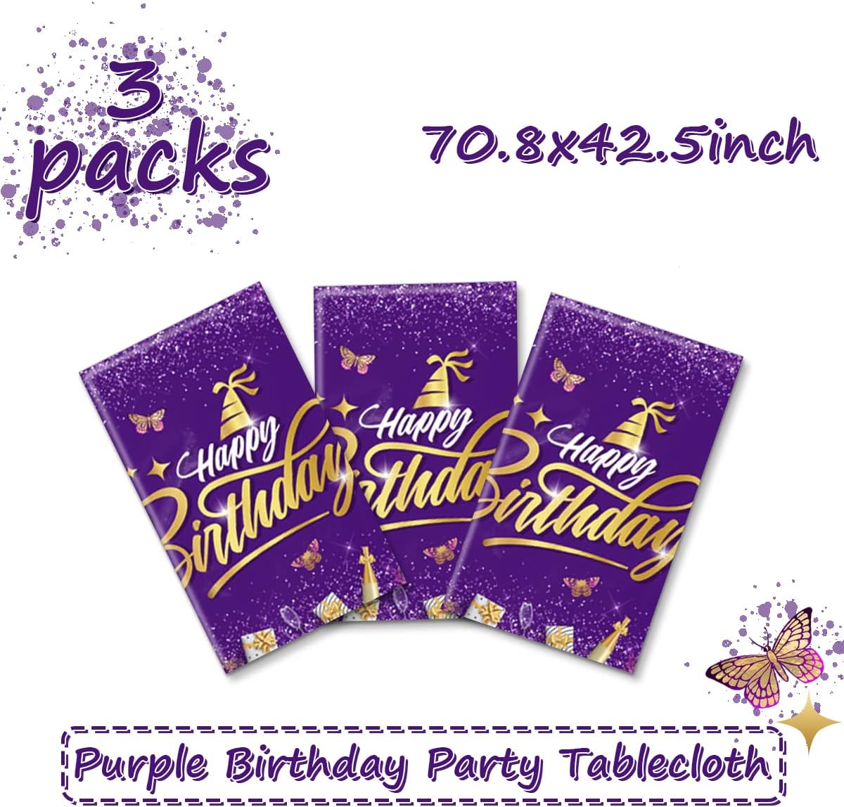 CMUSKO Happy Birthday Decorations-3pcs Rectangle Plastic Disposable Birthday Table Covers Party Decoration for Men Women 50th 40th 30th Birthday (Purple)
