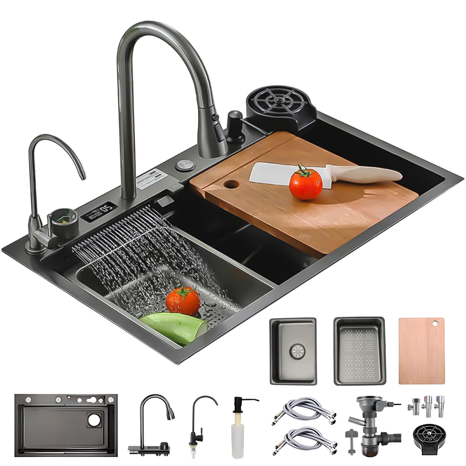 ZQFHSX 80 x 45 cm Kitchen Sink, Stainless Steel, Rectangular, Waterfall Sink Drainage Left, with Tap Hole and Overflow, Siphon, Multifunctional Bar Workstation