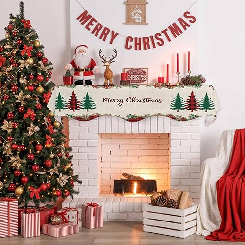 Miniatura 5 de Bufanda para chimenea con árbol de Navidad, 90 x 17 pulgadas, guirnalda de Navidad a cuadros rojos, cubierta de mantel de lino vintage, protector