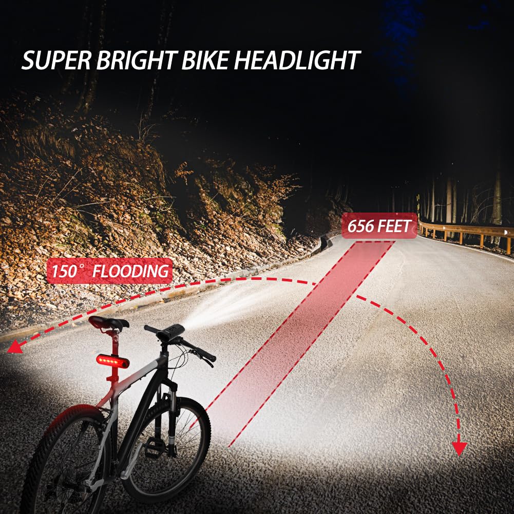 1200 lumens, 3 lumières LED pour vélo à monter la nuit, lumière de vélo super brillante avant et arrière, lampe torche rechargeable par USB, 13 modes d'éclairage étanches pour vélo