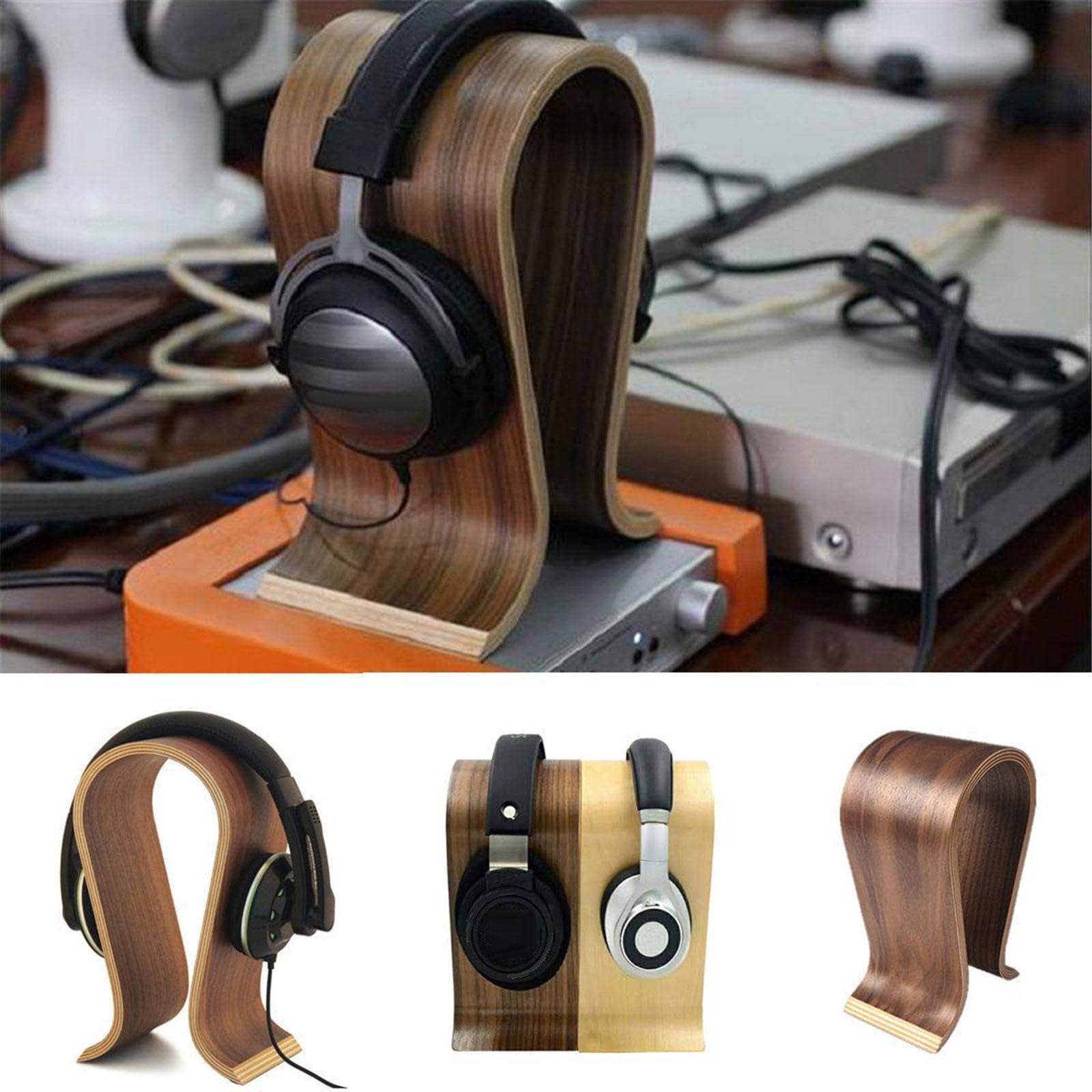 Set di 2 supporti universali per cuffie da tavolo, in legno, per marito, colore noce, 25 x 16 x 10 cm