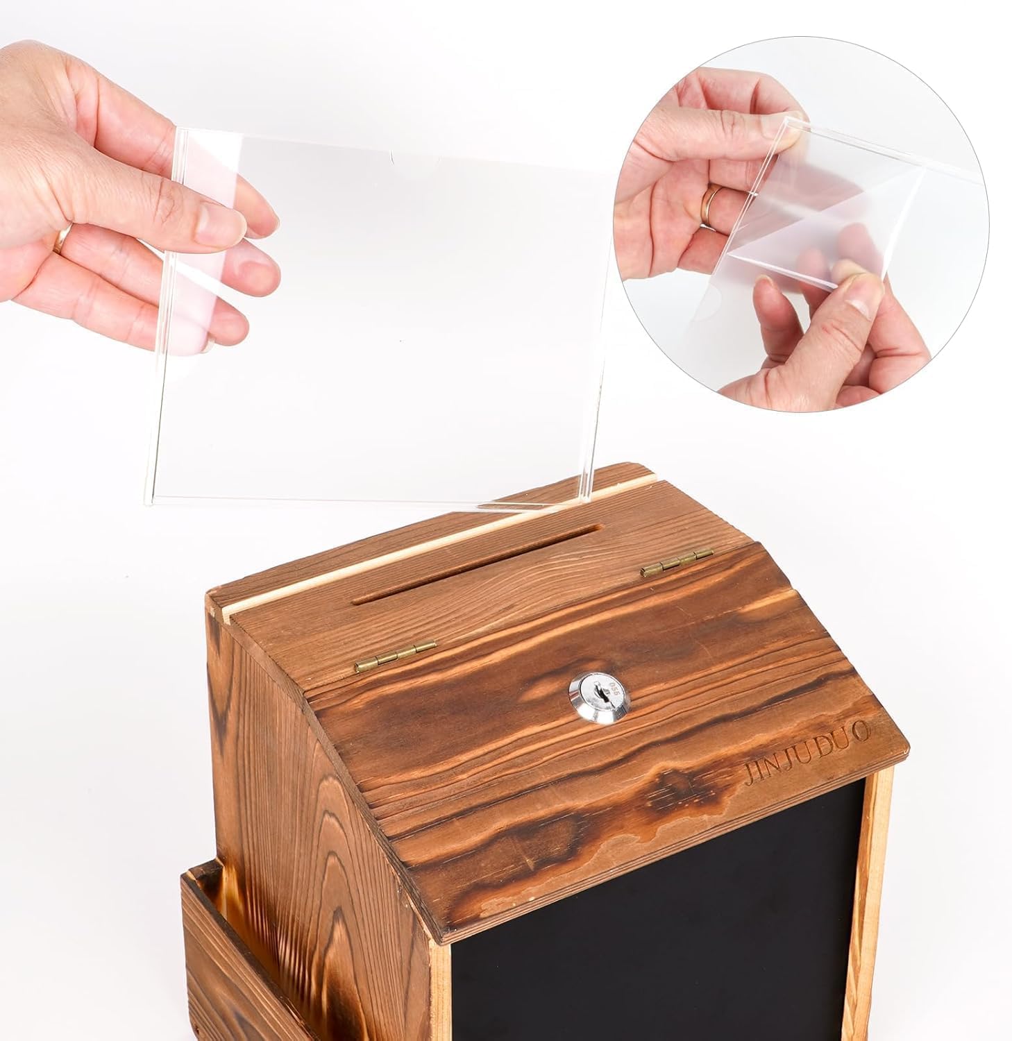 Wood Suggestion Box with Lock & Keys, Locking Donation Box with Chalkboard & Acrylic Sign Holder - Wall Mounted Prayer/Comment Box for Church, Office, Wedding, Restaurant