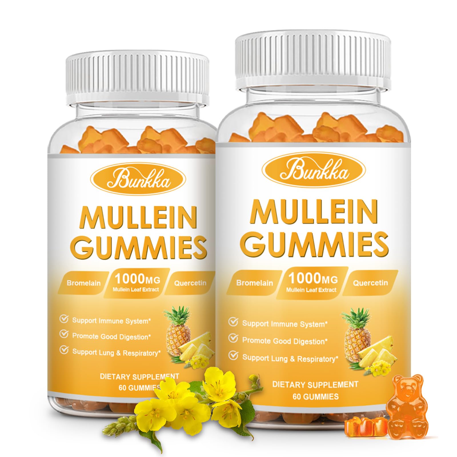 (2 Pack) Mullein Leaf Extract for Lung Cleanse, Chewable Mullein Supplement Support Respiratory, Mullein Gummies with Quercetin & Bromelain, D3 for Lung, Digestive Health & Immune