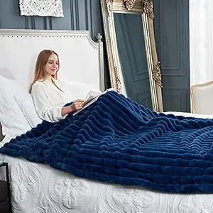 Cozy Bliss Faux Fur Throw Blanket for Couch, Cozy Warm Plush Striped Blanket for Sofa Bedroom Living Room, 60 * 80 Inches Navy Blue