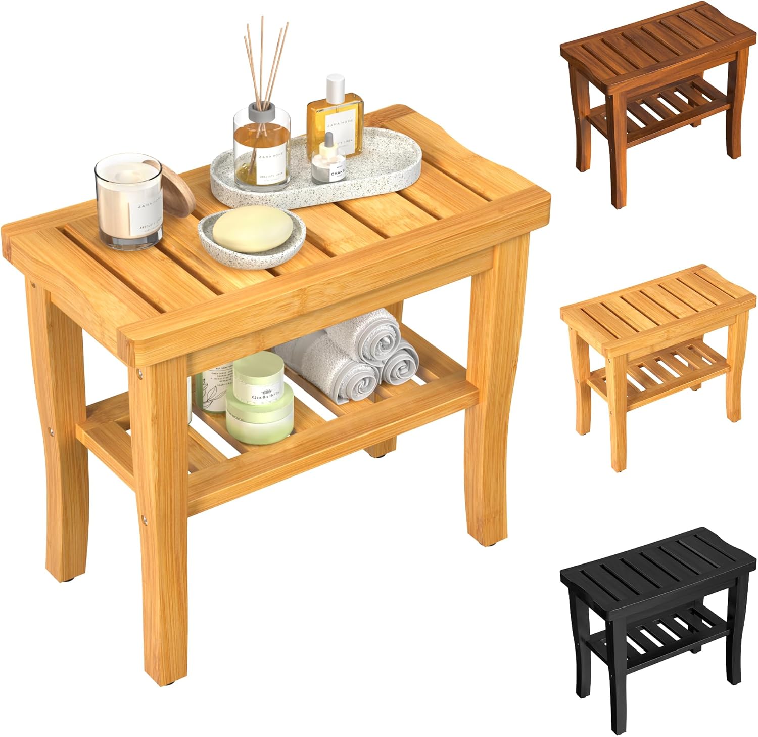 Bamboo Shower Bench Stool with Storage Shelf Waterproof Shower Chair Spa Bath Seat First Apartment Essentials New Home Must Haves Things Stuff Accessories House Warming Housewarming Hostess Host Gifts