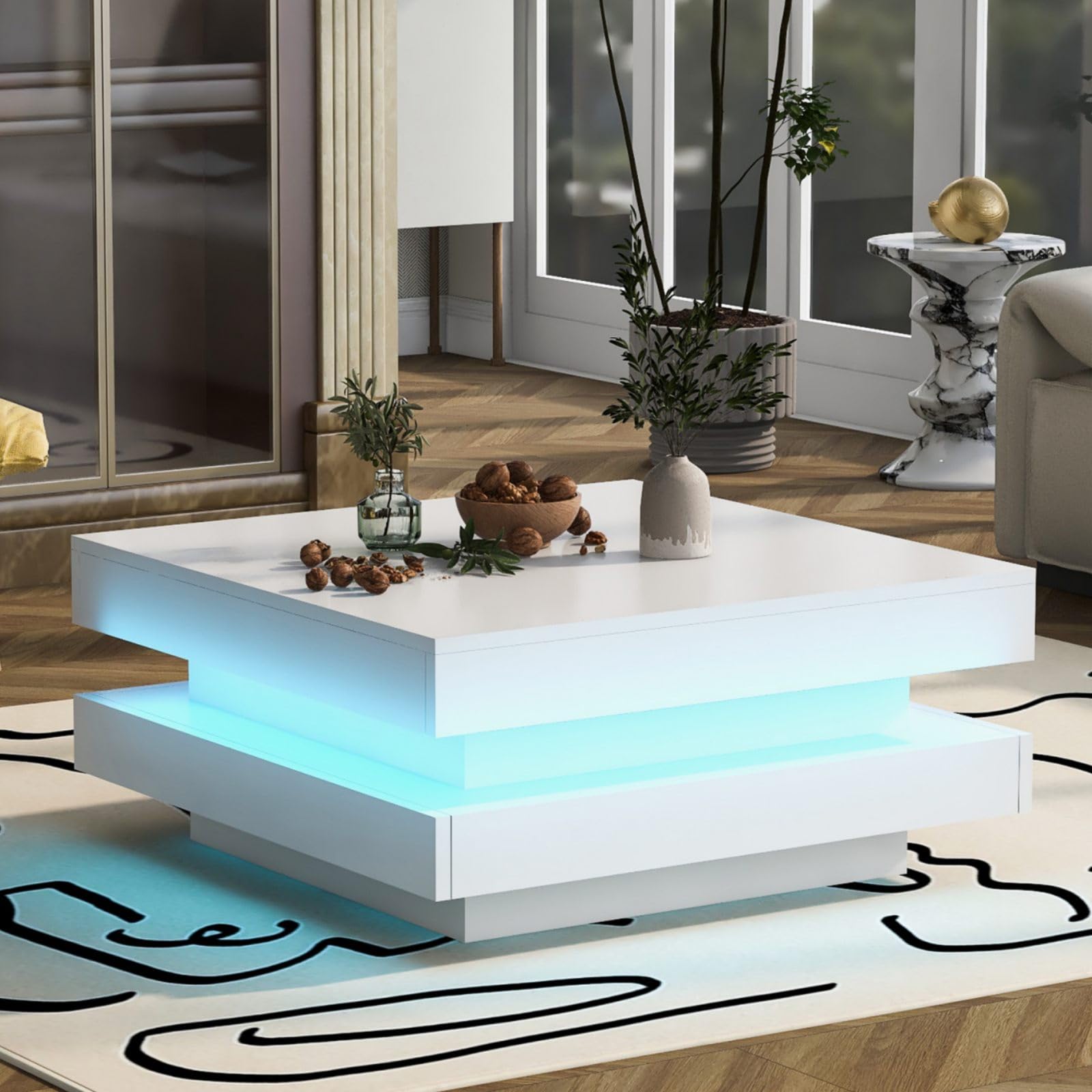 Tavolino Da Salotto Nero Con Cassetto E LED - Design Moderno, Piano Lucido, In MDF, Dimensioni 95x55x32 Cm