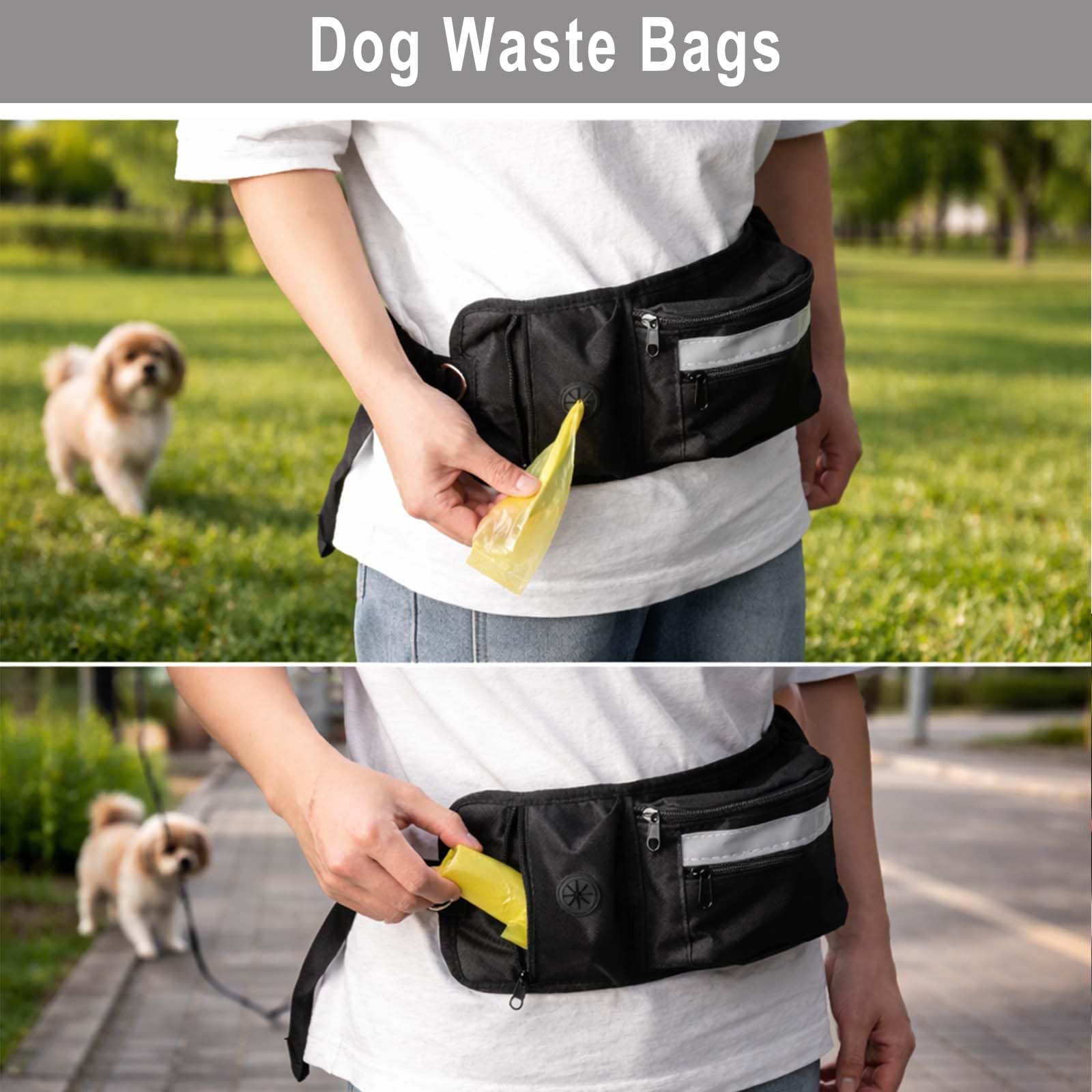 Porta premietti per cani, marsupio per addestramento, sacchetto porta-cibo con dispenser per sacchetti per i bisogni e striscia riflettente, marsupio regolabile per passeggiate all'aperto (nero)