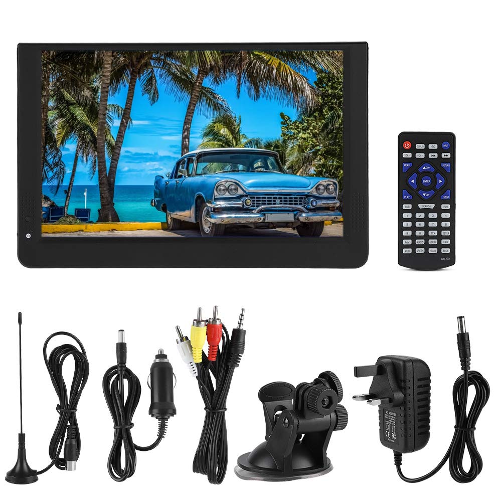 TV Portable 12 Pouces, Télévision Numérique T/T2 1080P 16: 9 avec 2 Haut-Parleurs pour Chambre à Coucher,Cuisine,Caravane,Voiture-Support Antenne/VGA/AV/Casque/HDMI/USB,Carte SD/MMC