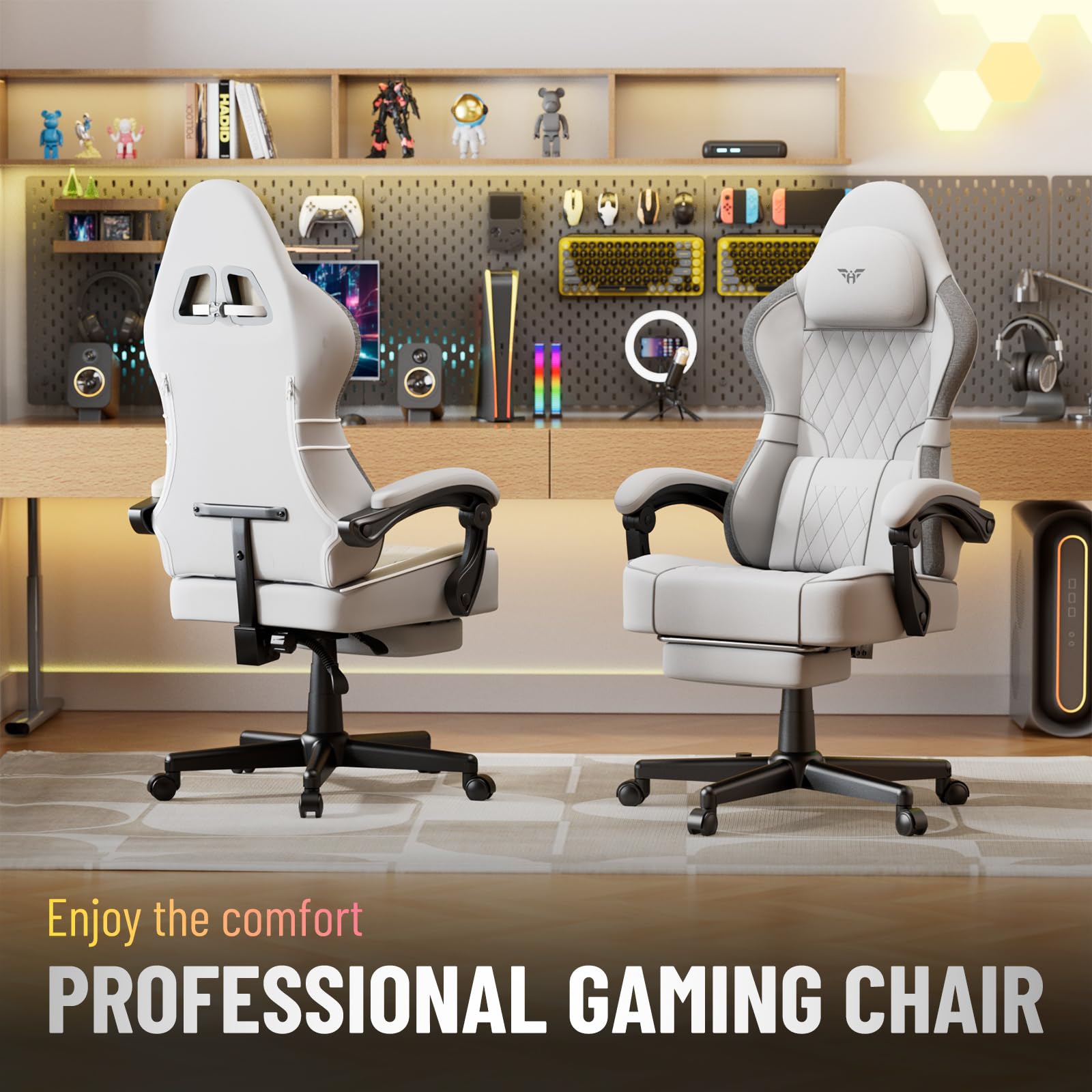 Ferghana Chaise Gaming Ergonomique，Fauteuil Game en Respirant，Gaming Chair avec Réglable Appui-tête,Coussin Lombaire Massage,Repose-Pied,Chaise de Bureau PC pour Bureau de Jeu (Blanc,Tissu Lin)