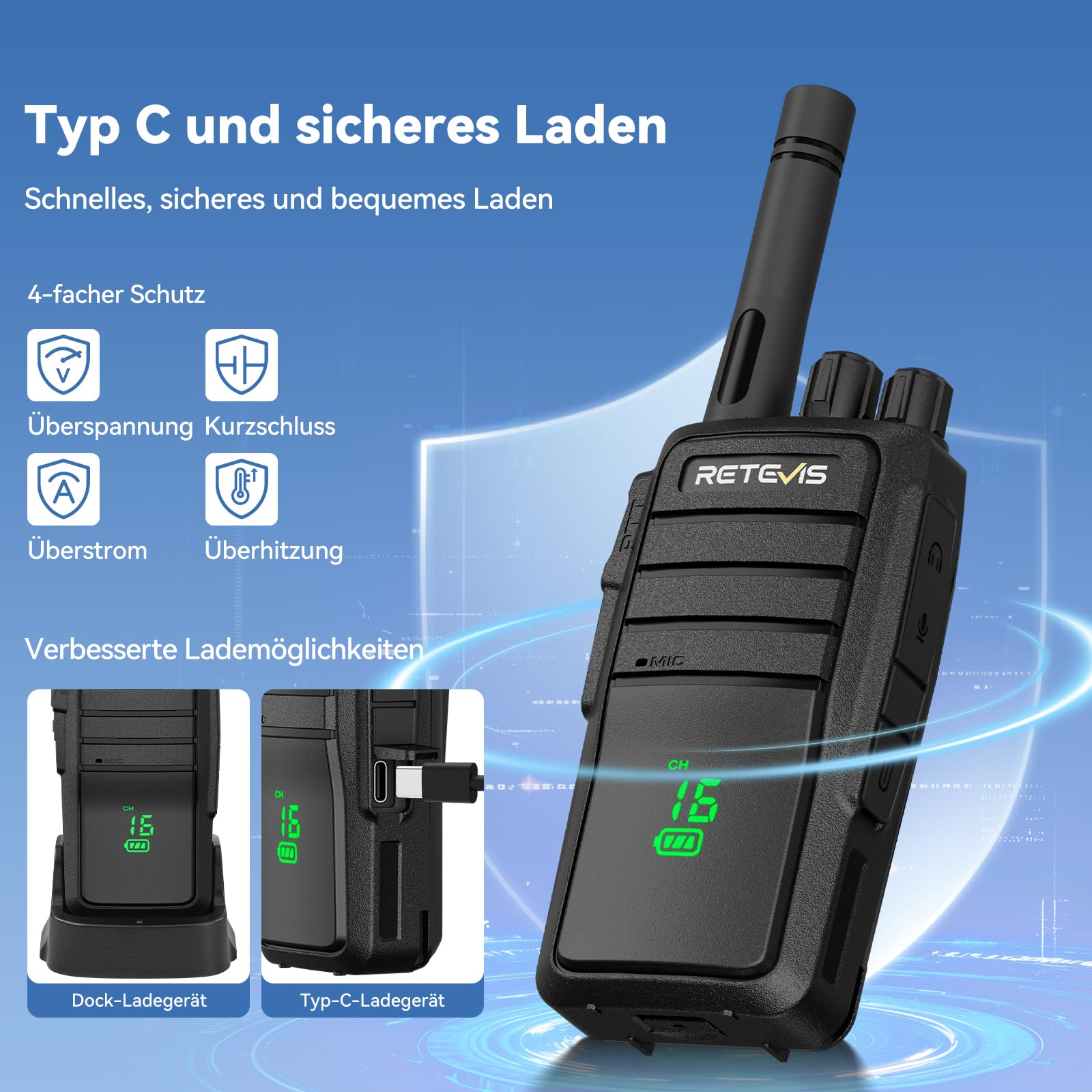 Retevis RT21H Walkie Talkies per Adulti, Walkie Talkie Licenza-libera con Schermo Nascosto IP54 Ricarica Tipo-C Allarme di Emergenza Radio Bidirezionale per Escursionismo, Campeggio(2 Pezzi, Nero)