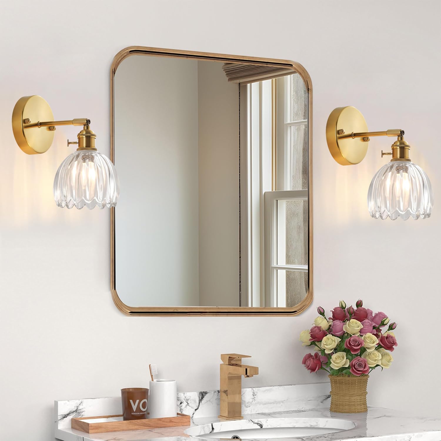 Applique Murale Vintage Fleur Laiton Doré Verre Interrupteur E27 Lampe Murale Salle de Bain