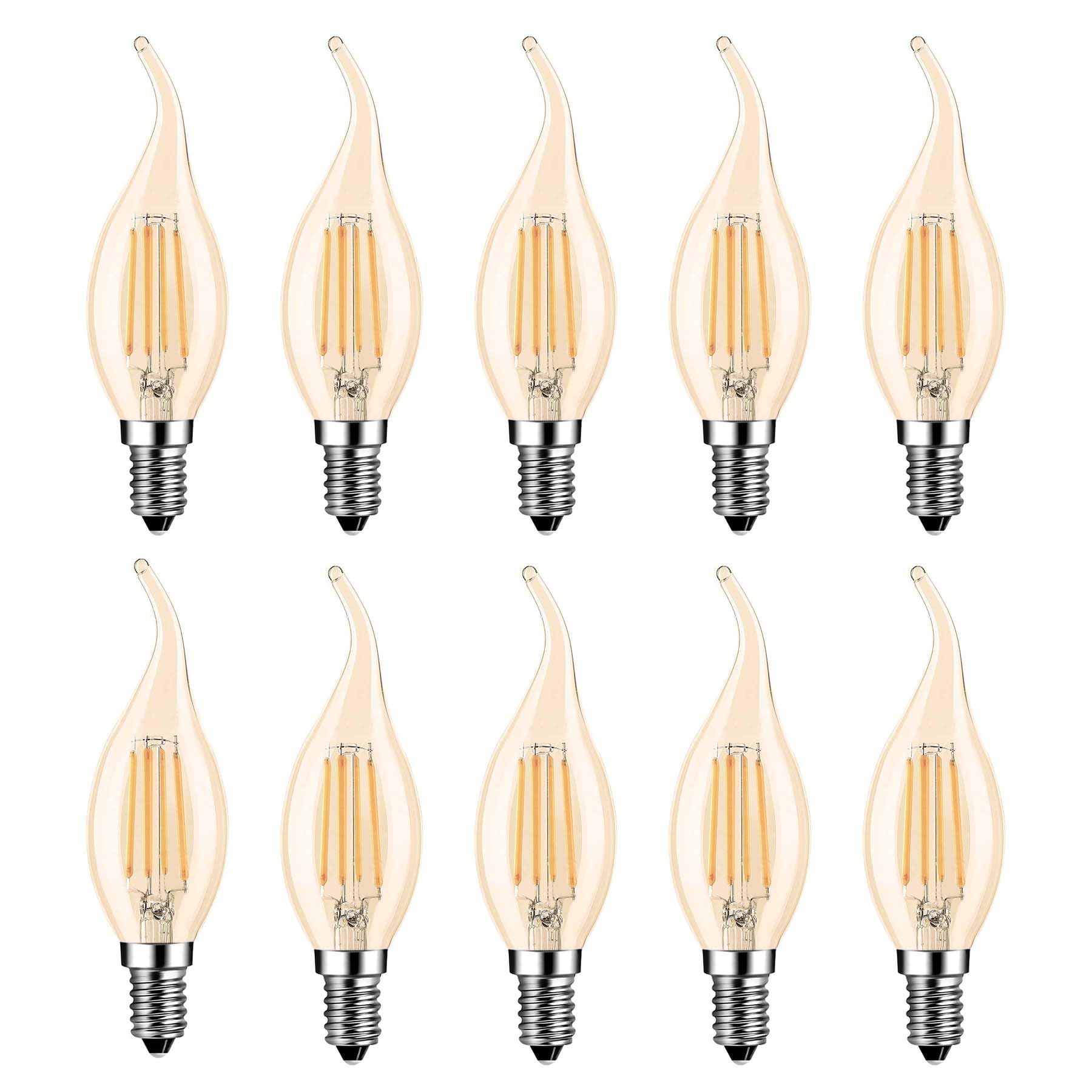 G.W.S® LED Filament Bulb, C35 E14 Small Edison Screw, LED Flame Tip Candle Bulb, 4W Dimmable Warm White 2700K, Amber Glass, Pack of 10