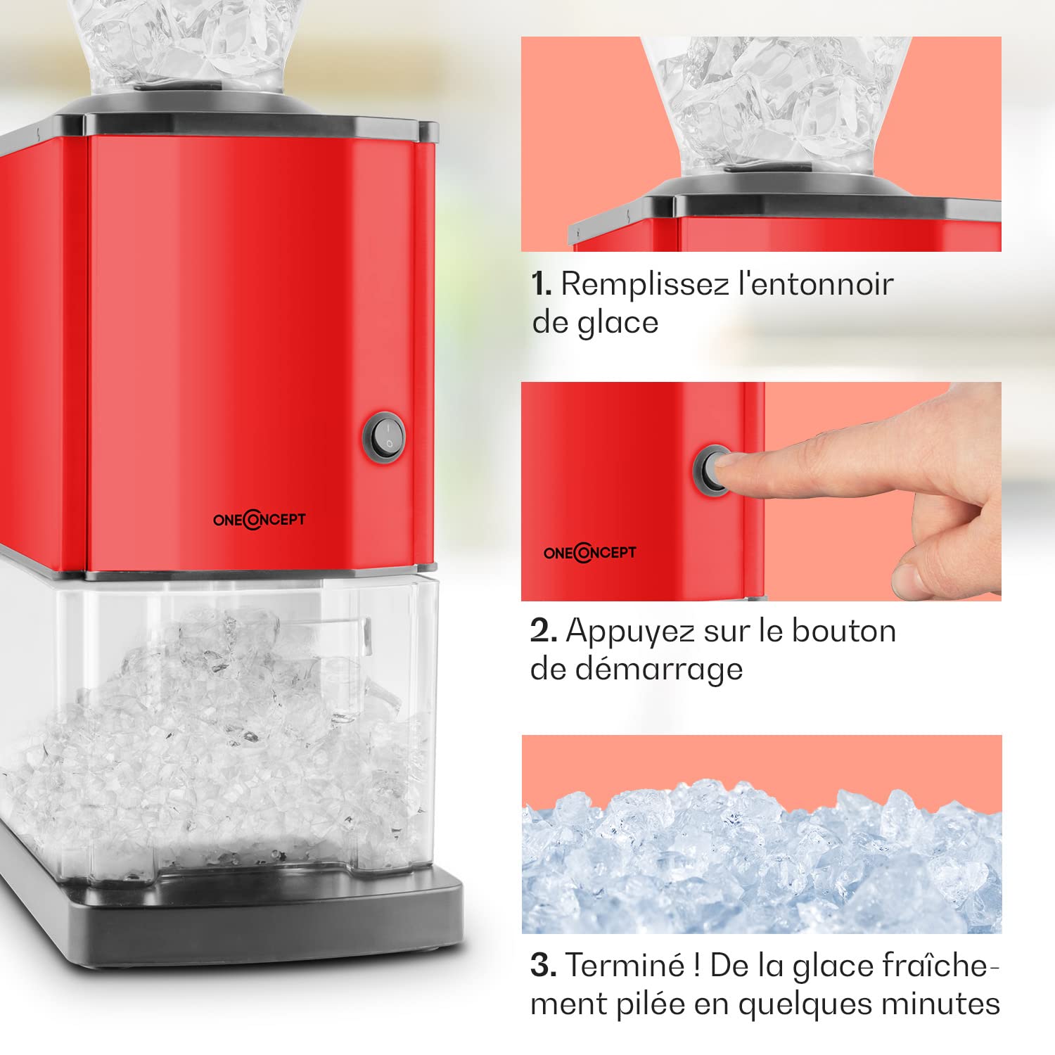 oneConcept Icebreaker - Broyeur à glace , Jusqu'à 15 kg/heure , Look chic en acier , Capacité de 3,5 litres , Entonnoir de remplissage , 220-240V , 4 pieds ventouses , Rouge