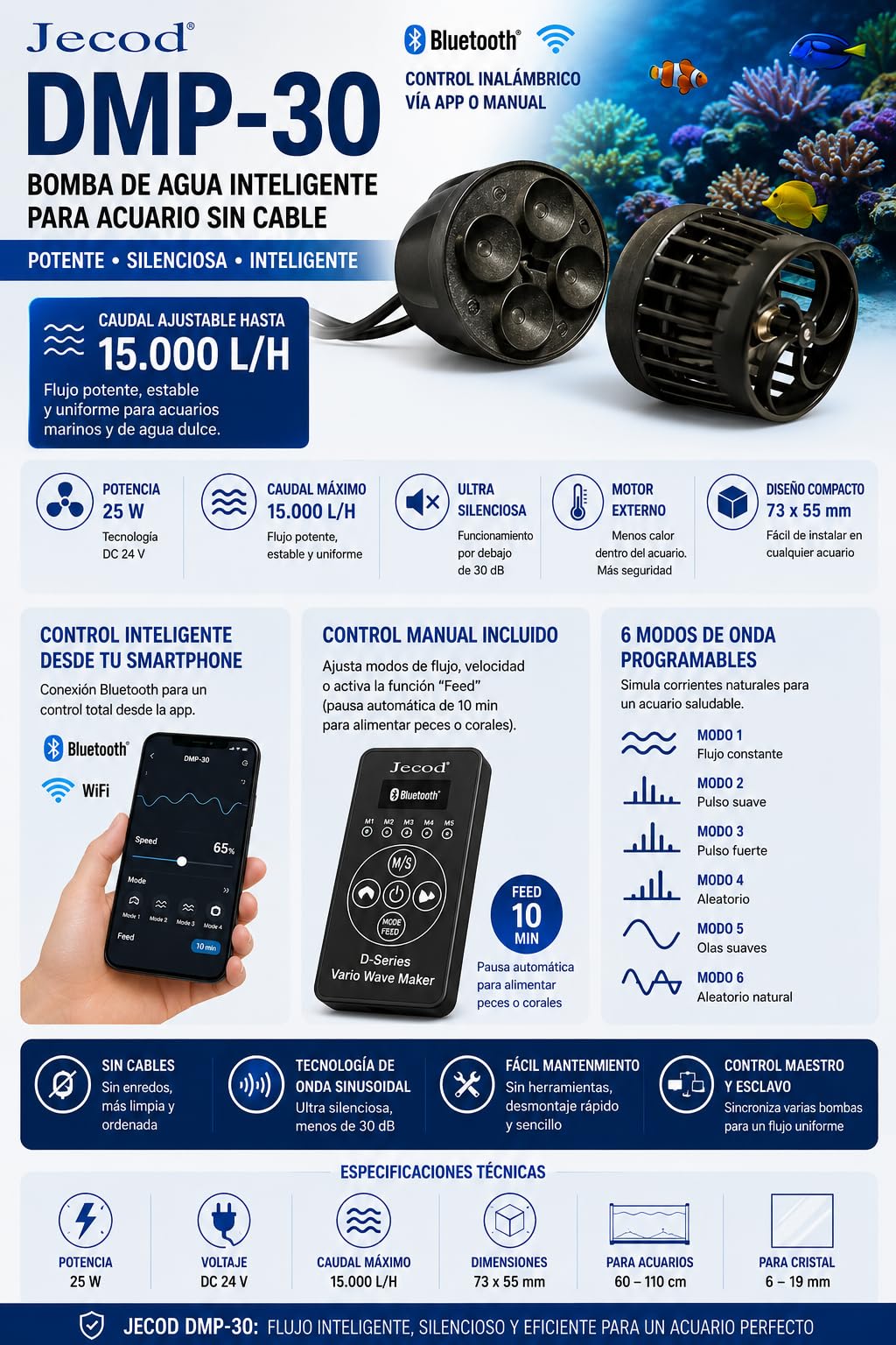 Bomba inteligente de agua para acuarios sin cable con control de aplicación/manual DMP-30 Jebao