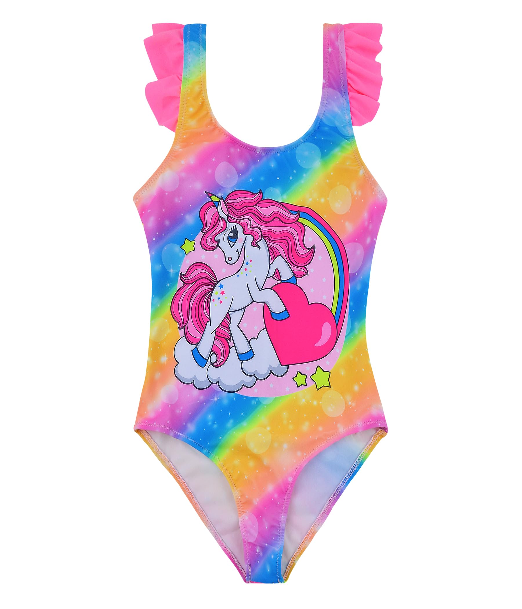 Power Flower Traje de baño de Unicornio para Niñas Traje de Baño de Una Pieza con Volantes Ropa de Playa para Niñas Pequeños 4-14 Niña