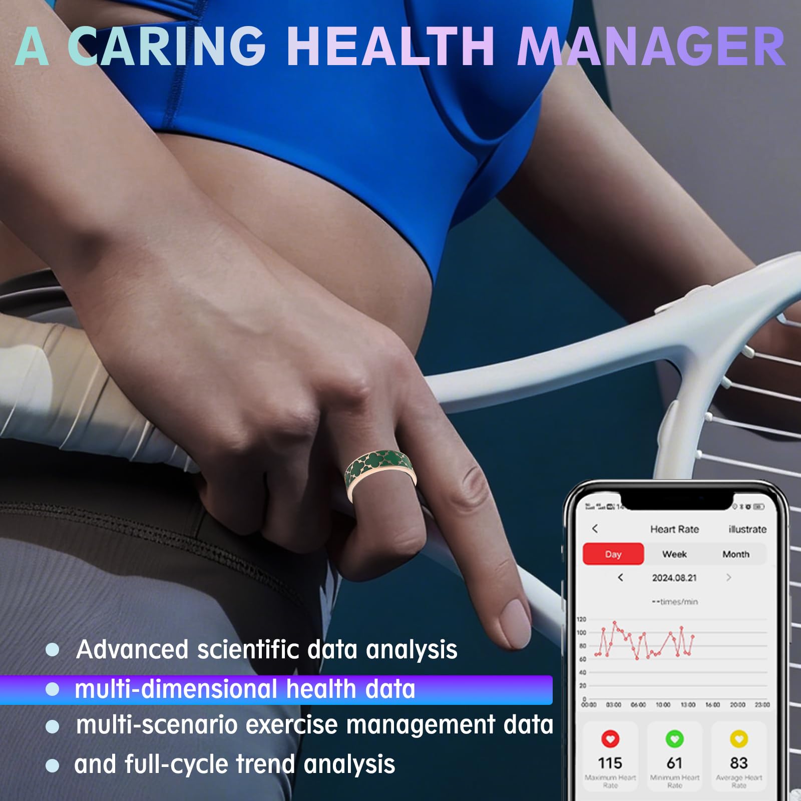 Anillo inteligente de salud para mujeres y hombres, rastreador de fitness con frecuencia cardíaca, monitoreo del sueño, oxígeno en sangre, presión arterial, podómetro de ejercicio, para iPhone