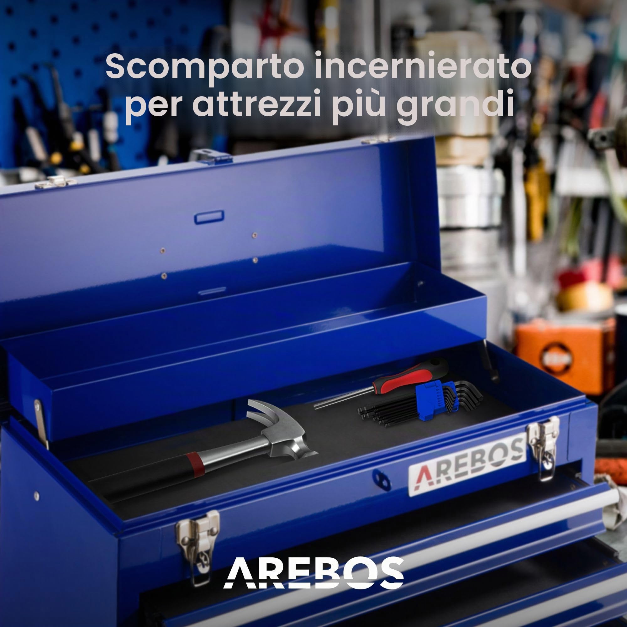 Arebos Cassetta degli Attrezzi | 3 Cassetti | Blu | con Tappetini antiscivolo | Funzione snap-in