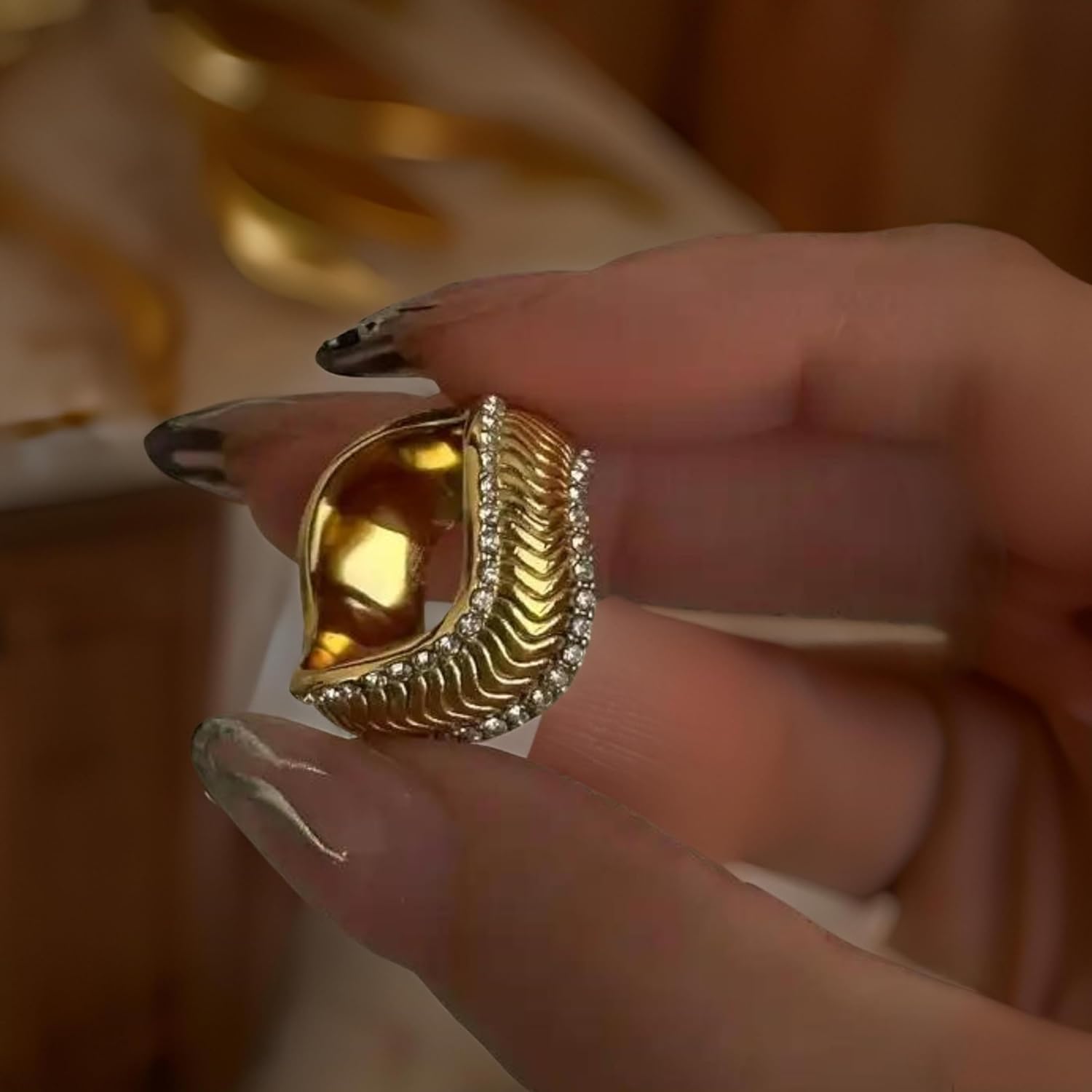 18K Yellow Gold-Filled Wavy Snake Chain Ring with Zircon Stone – Non-Tarnish Fashion Jewelry for Women