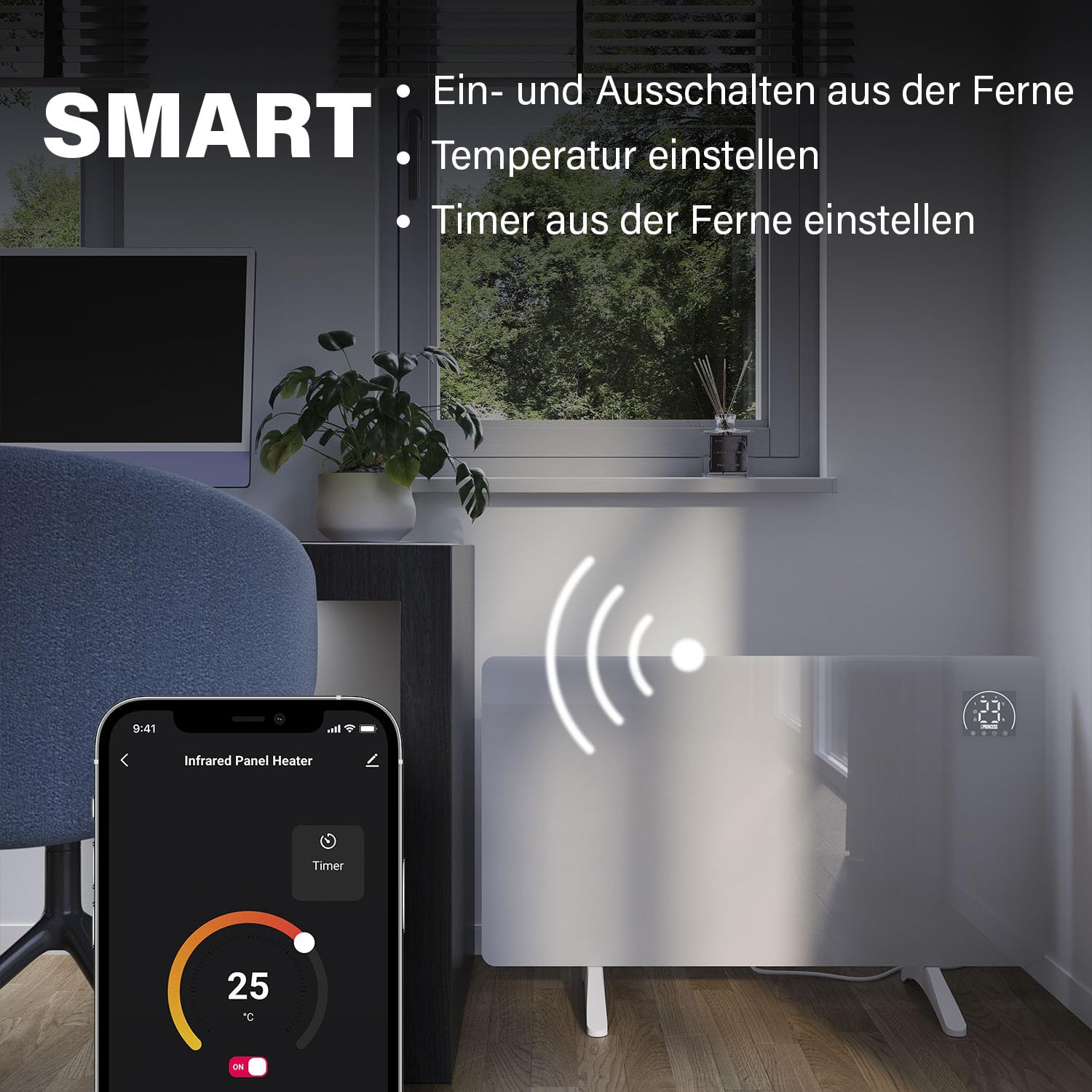 Princess Infrarot-Heizung Connected - Carbon Crystal - Flacher Wandheizkörper - 480 W - Einstellbarer Thermostat bis 50 °C - 24-Stunden-Timer - Wochenprogrammierung - Weiß oder Schwarz (Weiß)