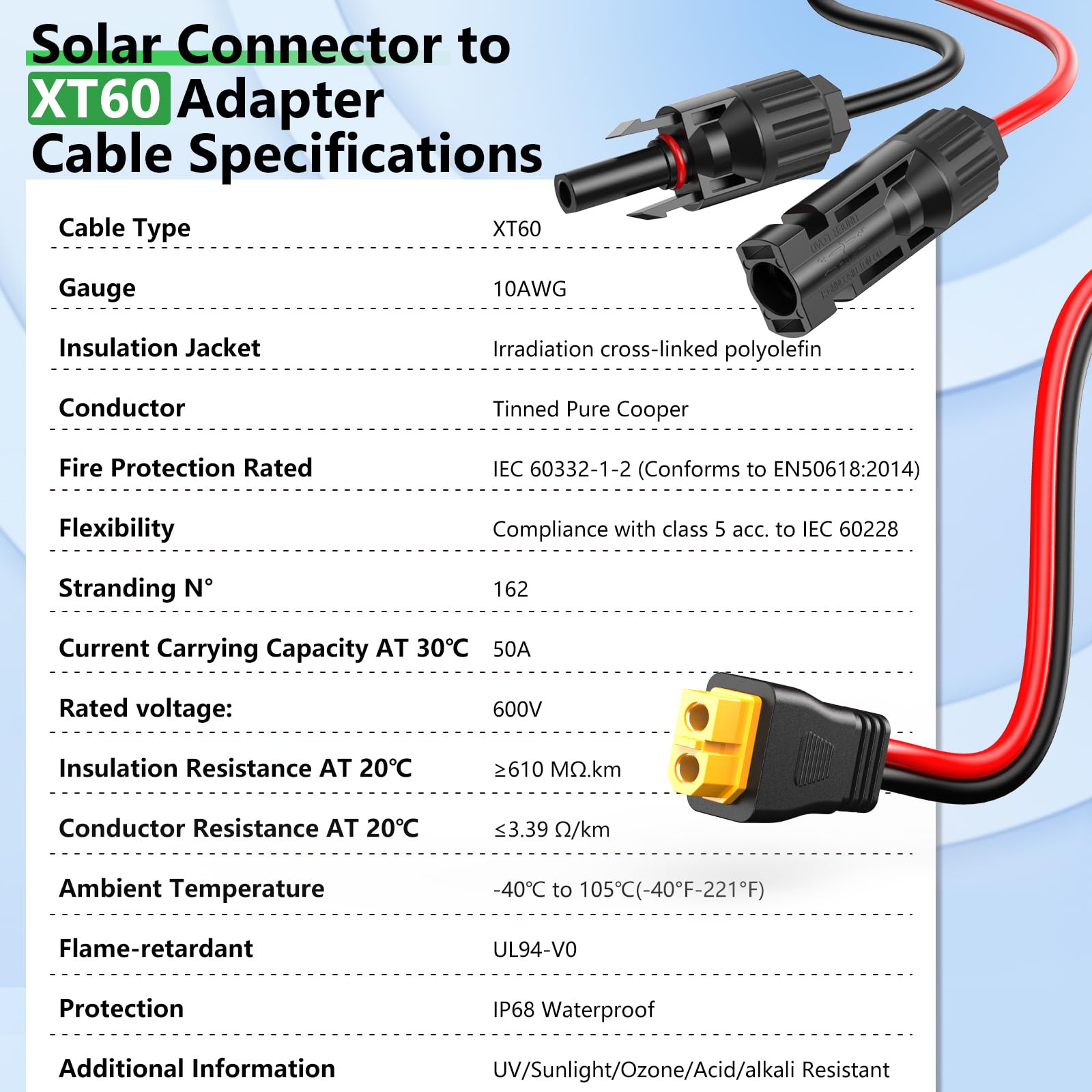 Vansdon Cavo di prolunga da 10 AWG Solar a XT60 da 6 m con connettore solare a XT60 Cavo adattatore per pannello solare a batteria RV Power Station Generatore solare