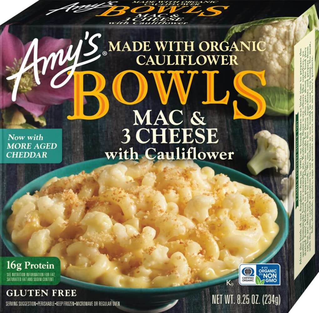 Amy's Frozen Meal, Gluten Free, Mac and Cheese Bowl, Made with Organic Cauliflower and Rice Pasta, 8.25 oz.