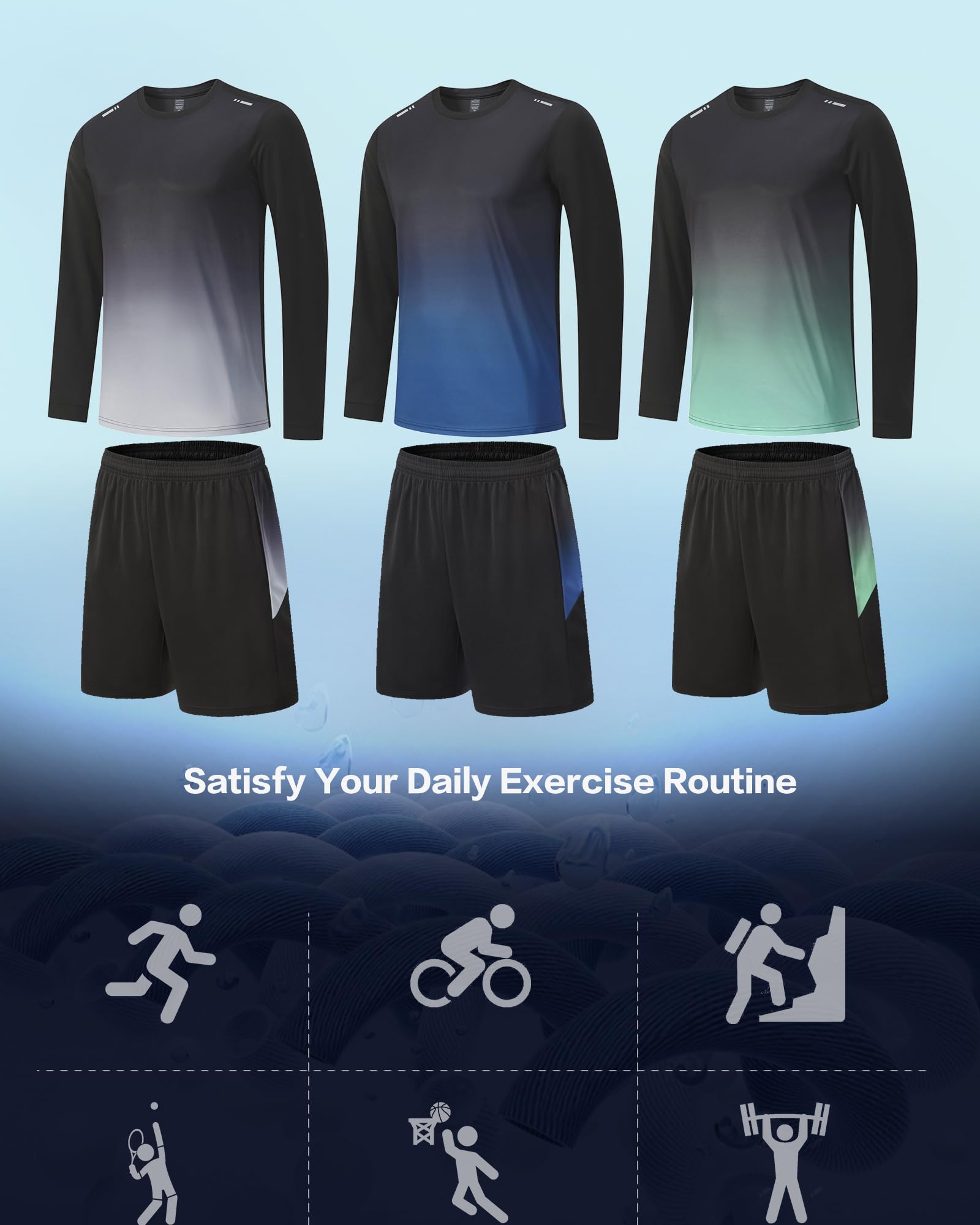 BOOMCOOL Abbigliamento da palestra da uomo magliette da allenamento set abiti da 3 pezzi per corsa, calcio, esercizio atletico, adatto per sport fuori T
