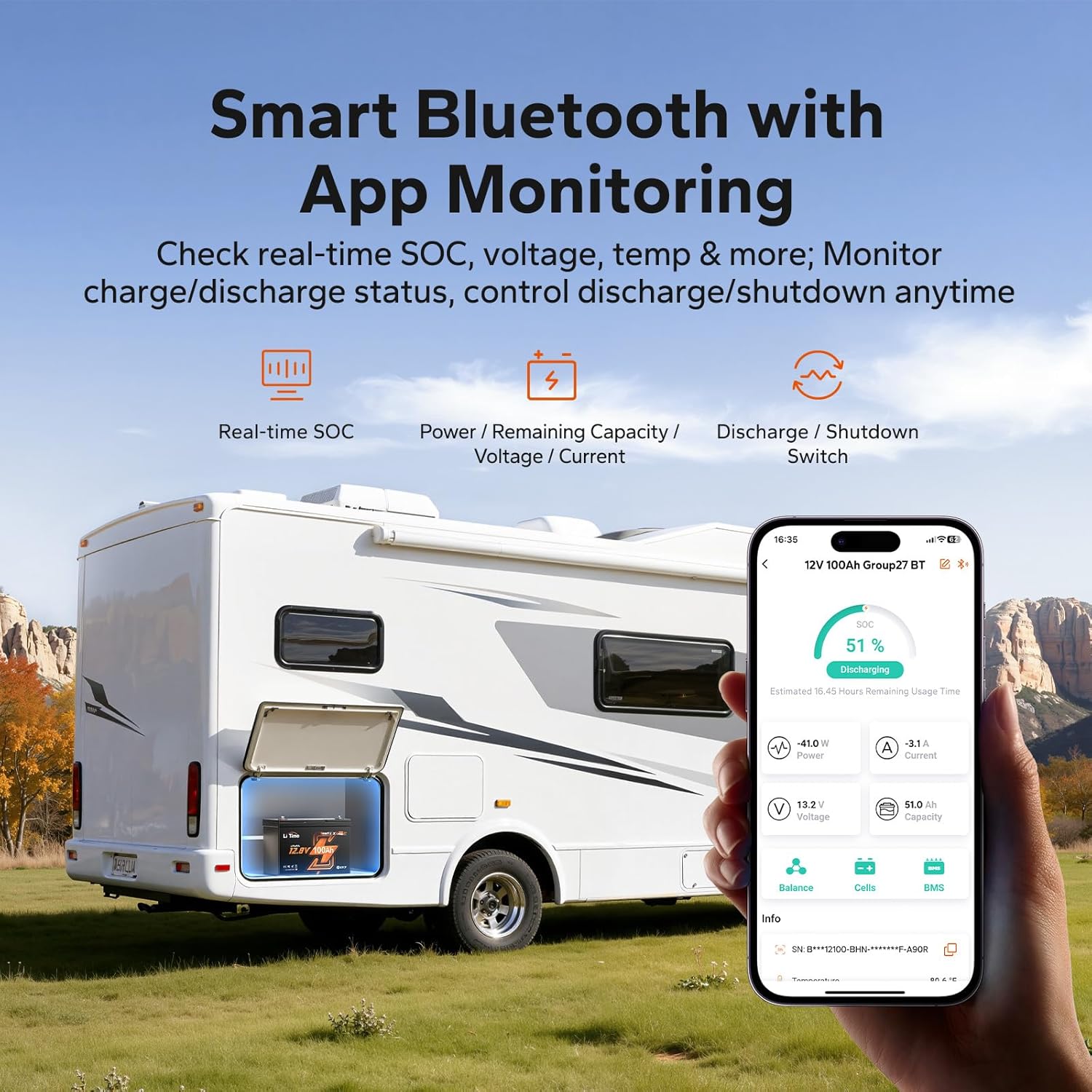 Litime 12V 100Ah LiFePO4 Battery Bluetooth, Group 27 Lithium Battery, Built-in 100A BMS with Low-Temp Protection, Max. 15000 Deep Cycles, Perfect for RV, Travel Trailer, Trolling Motors (1 Pack)